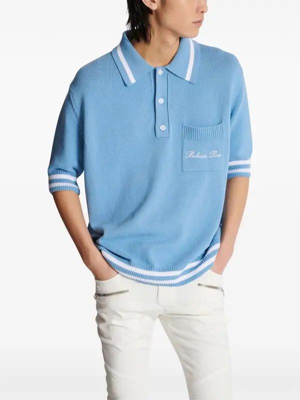 Balmain o1s1wg110925 Logo Embroidered Knitted Polo Shirt in Blue Size US L / EU 52-54 / 3 - 5 Thumbnail