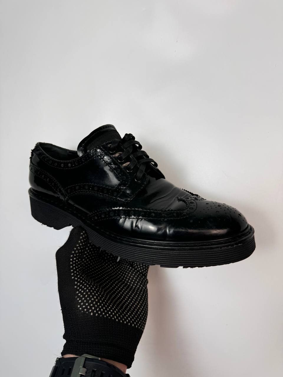 Prada × Vintage PRADA 3E5739 Dress Shoe Sport Wingtip Black Enamel Used Size US 9 / IT 39 - 6 Thumbnail