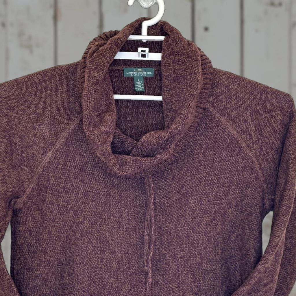 CO Lauren Jeans Co Ralph Lauren Cowl Neck Sweater Womens Size Large Brown Pocket Pullover Slim Knit 100% Cotton Size L / US 10 / IT 46 - 1 Thumbnail