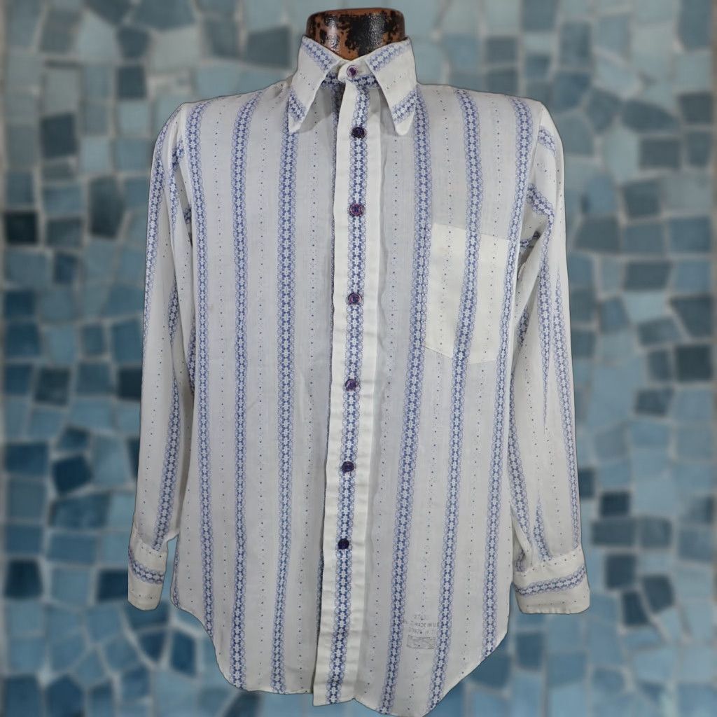 Vintage VINTAGE Career Club Shirt Mens 1960s Blue & White Striped Disco AOP 1960s 70s Rockabilly Small Mens Size US S / EU 44-46 / 1 - 1 Thumbnail
