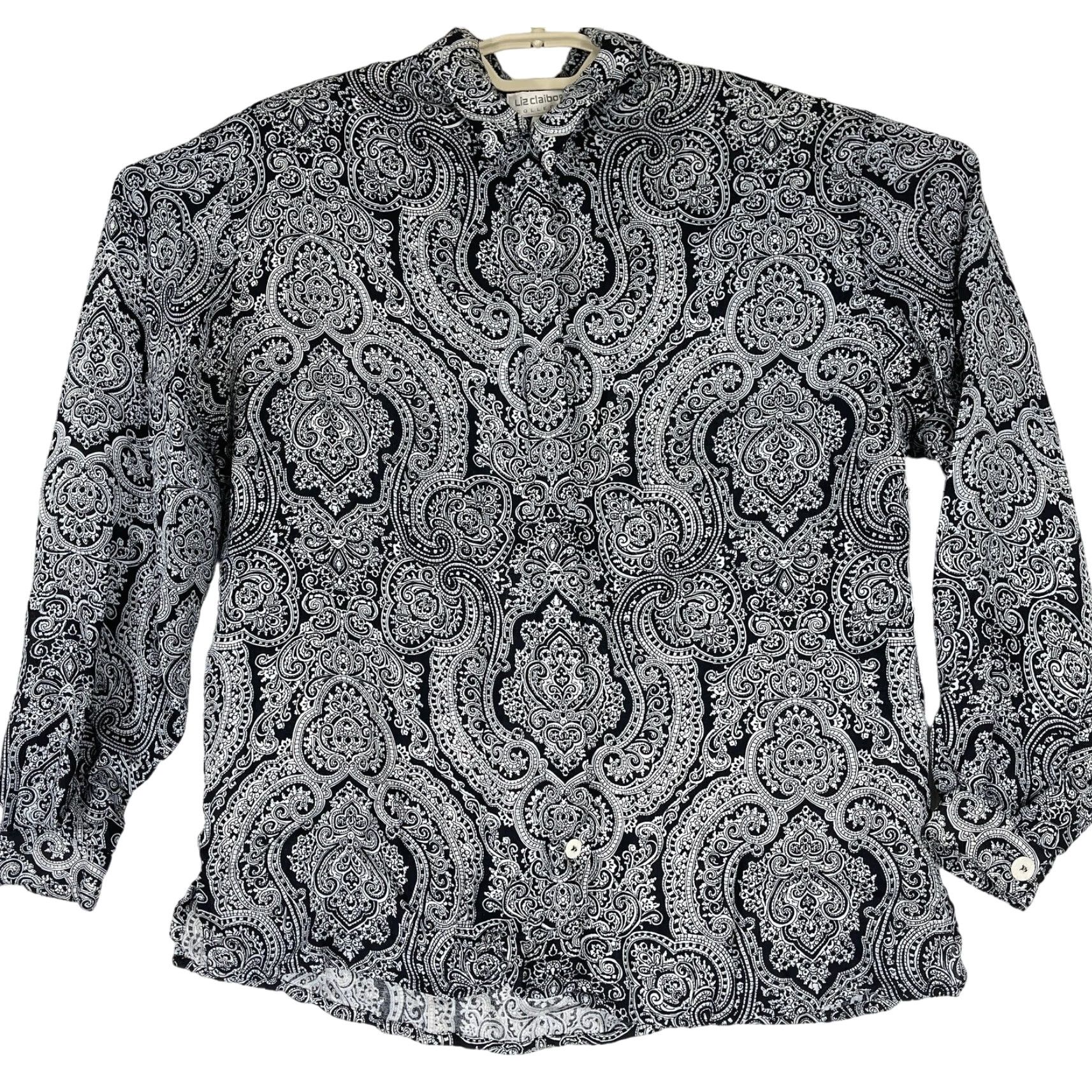Liz Claiborne VINTAGE Liz Claiborne Blouse Button Up 8 Black Paisley Long Sleeve Collar STAIN Womens Blouse Size M / US 6-8 / IT 42-44 - 2 Thumbnail