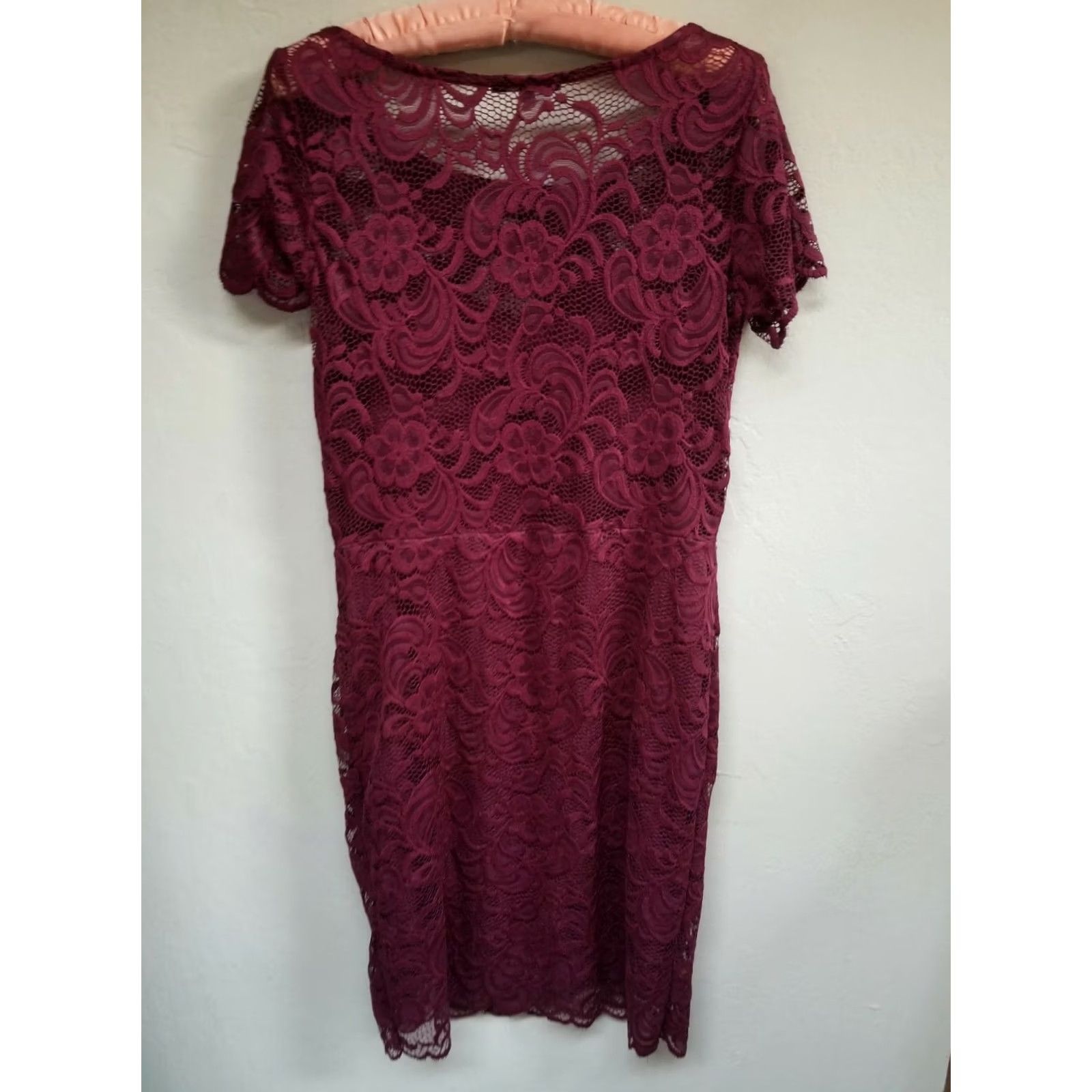 Vintage Ambiance Womens Round Neck Short Sleeve Lace Sheath Dress Maroon XL N/A Size 40" / US 18 - 2 Thumbnail