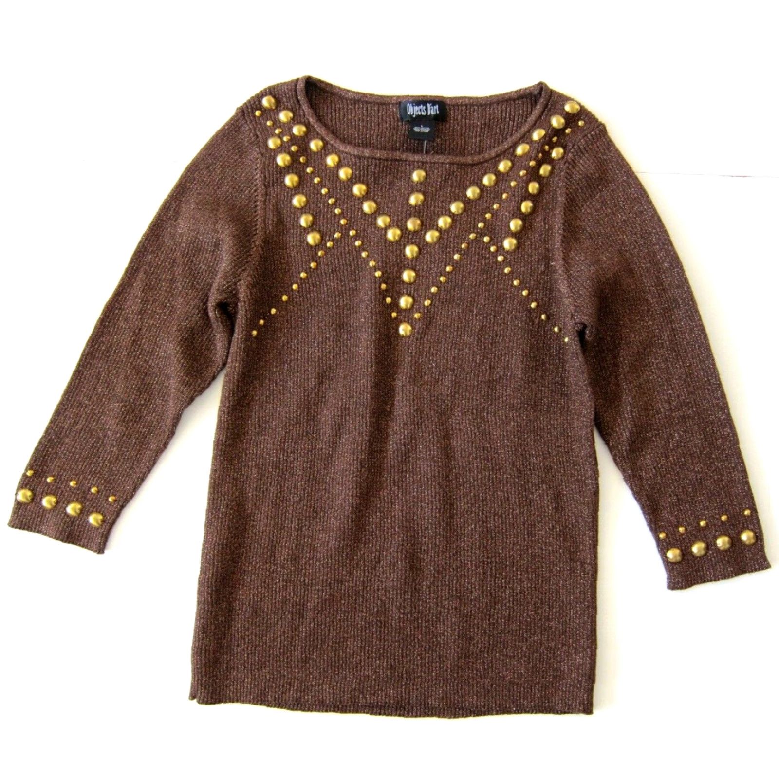 Vintage Objects D'art NWT Brown Metallic Gold Studded 3/4 Sleeve Sweater Large Women Shirt Pullover Round Neck 60% cotton 40% metallic Size L / US 10 / IT 46 - 8 Thumbnail