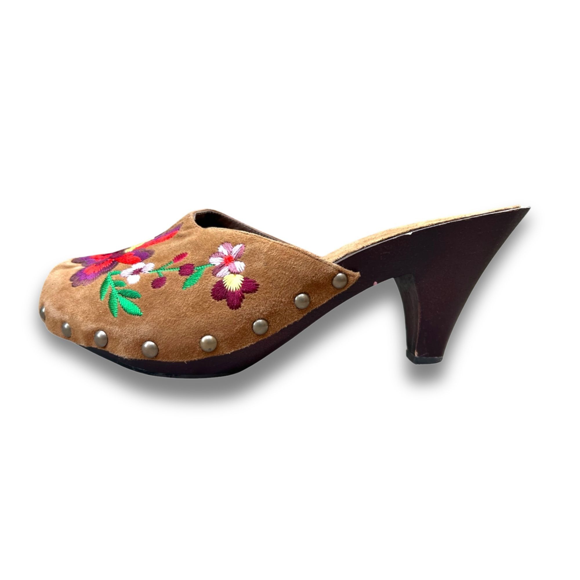 Other Beverly Feldman Floral Wooden Heels Womens Embroidered Suede Size US 7 / IT 37 - 8 Thumbnail