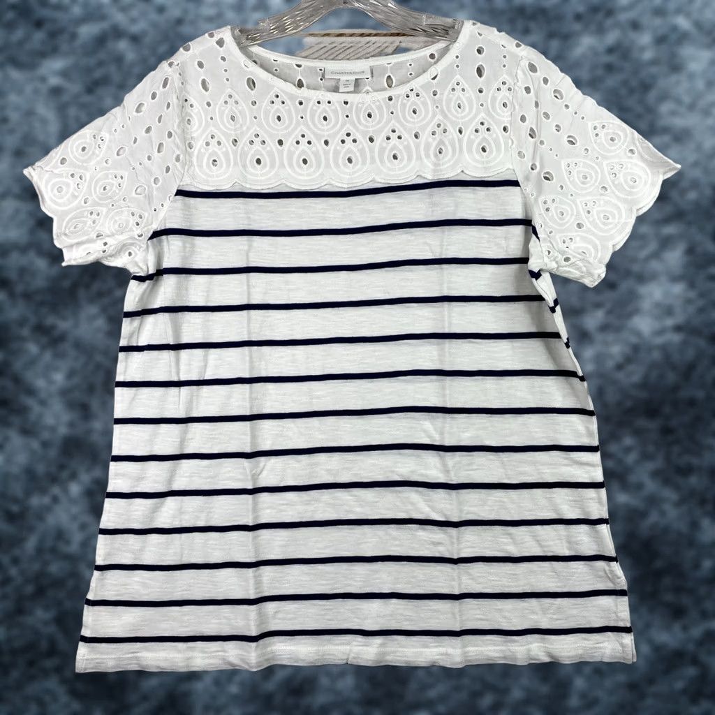 Charter Club Charter Club Shirt Womens 0X Blue Stripe Eyelet Trim Stretch Nautical Beach Size XL / US 12-14 / IT 48-50 - 1 Thumbnail