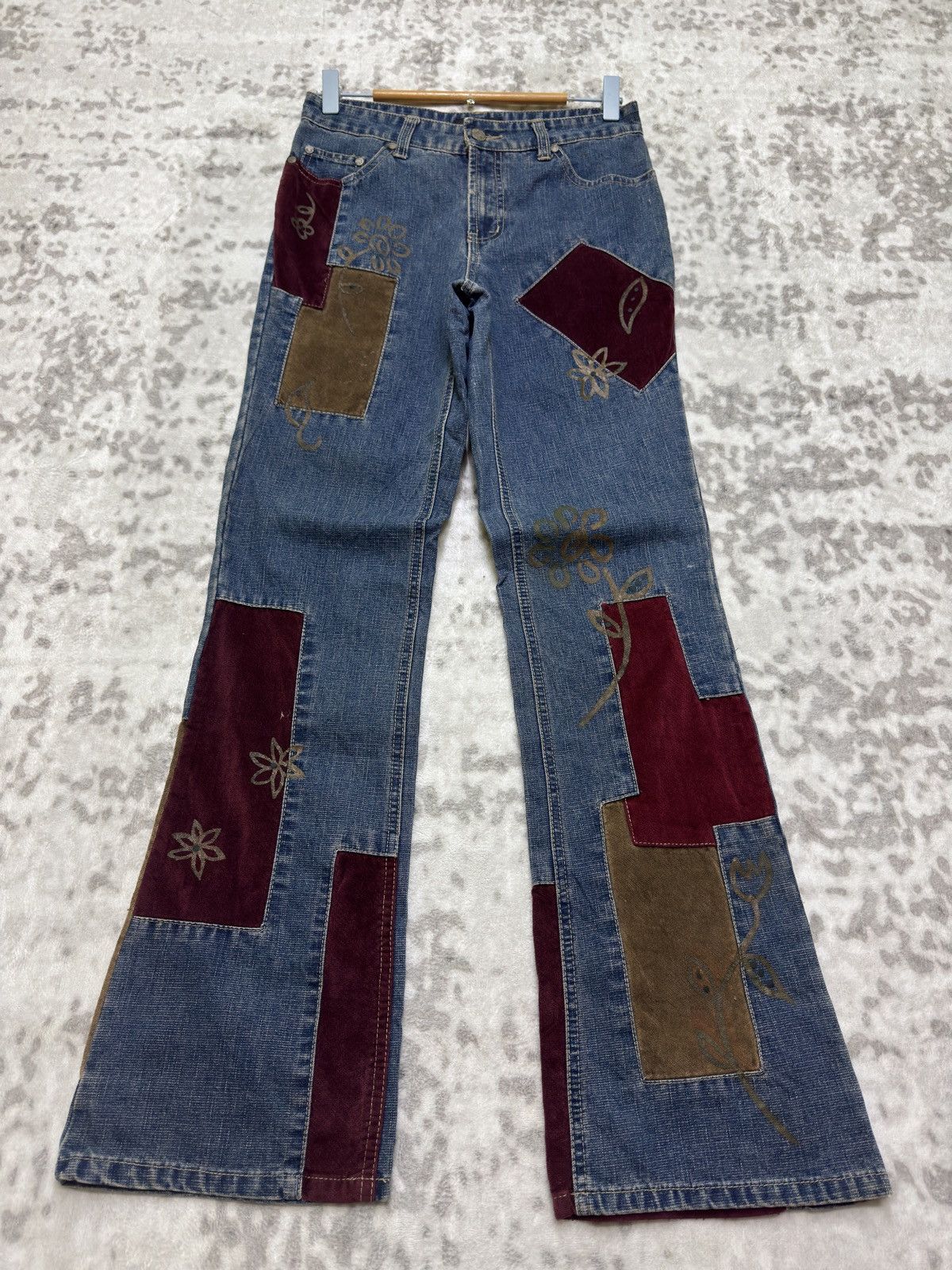 Hysteric Glamour No Boundaries Y2K Patchwork Velvet Bootcut Flare Denim Jeans Size US 27 - 1 Thumbnail