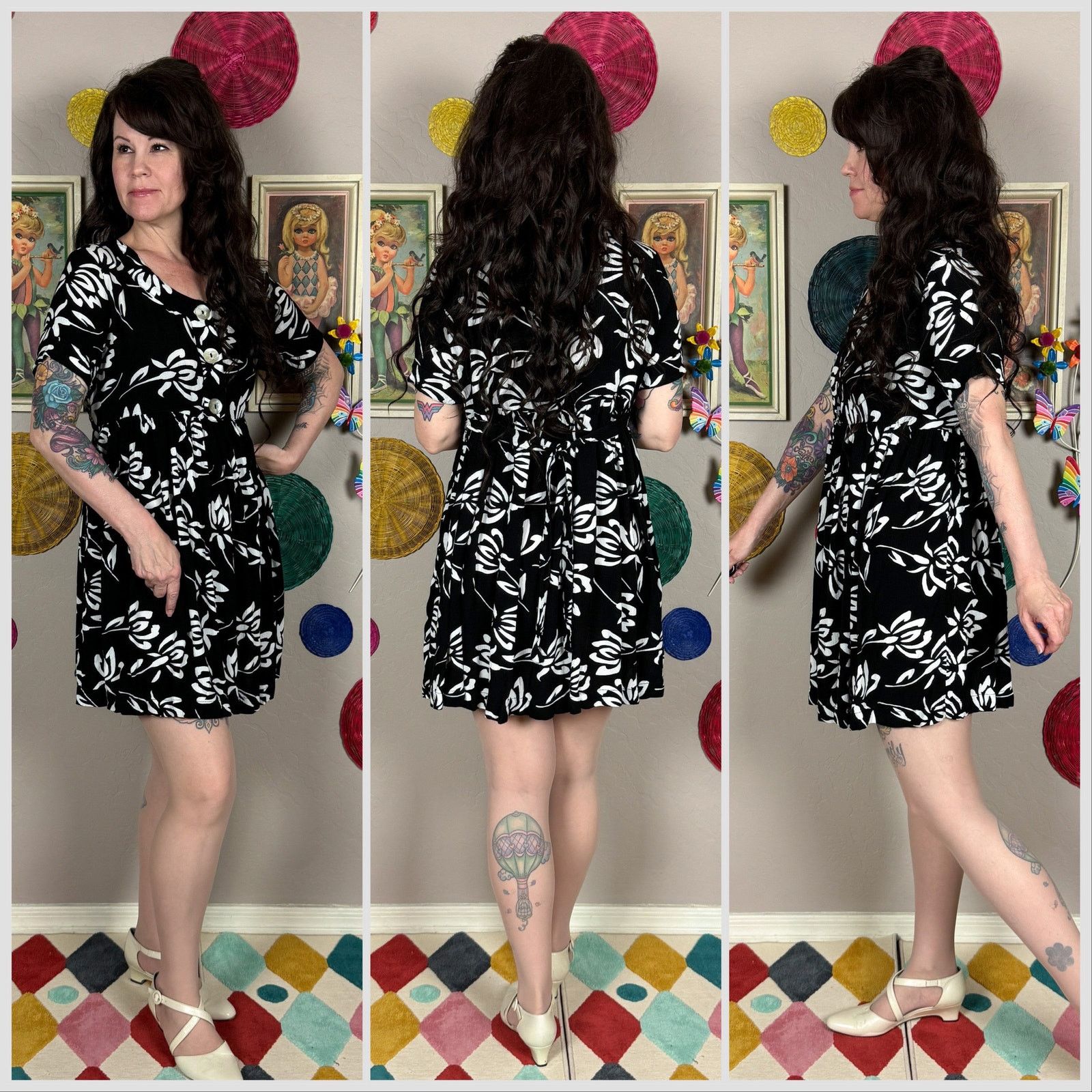 Vintage Vintage 1990s Black and White Floral Babydoll Minidress Size M / US 6-8 / IT 42-44 - 2 Thumbnail