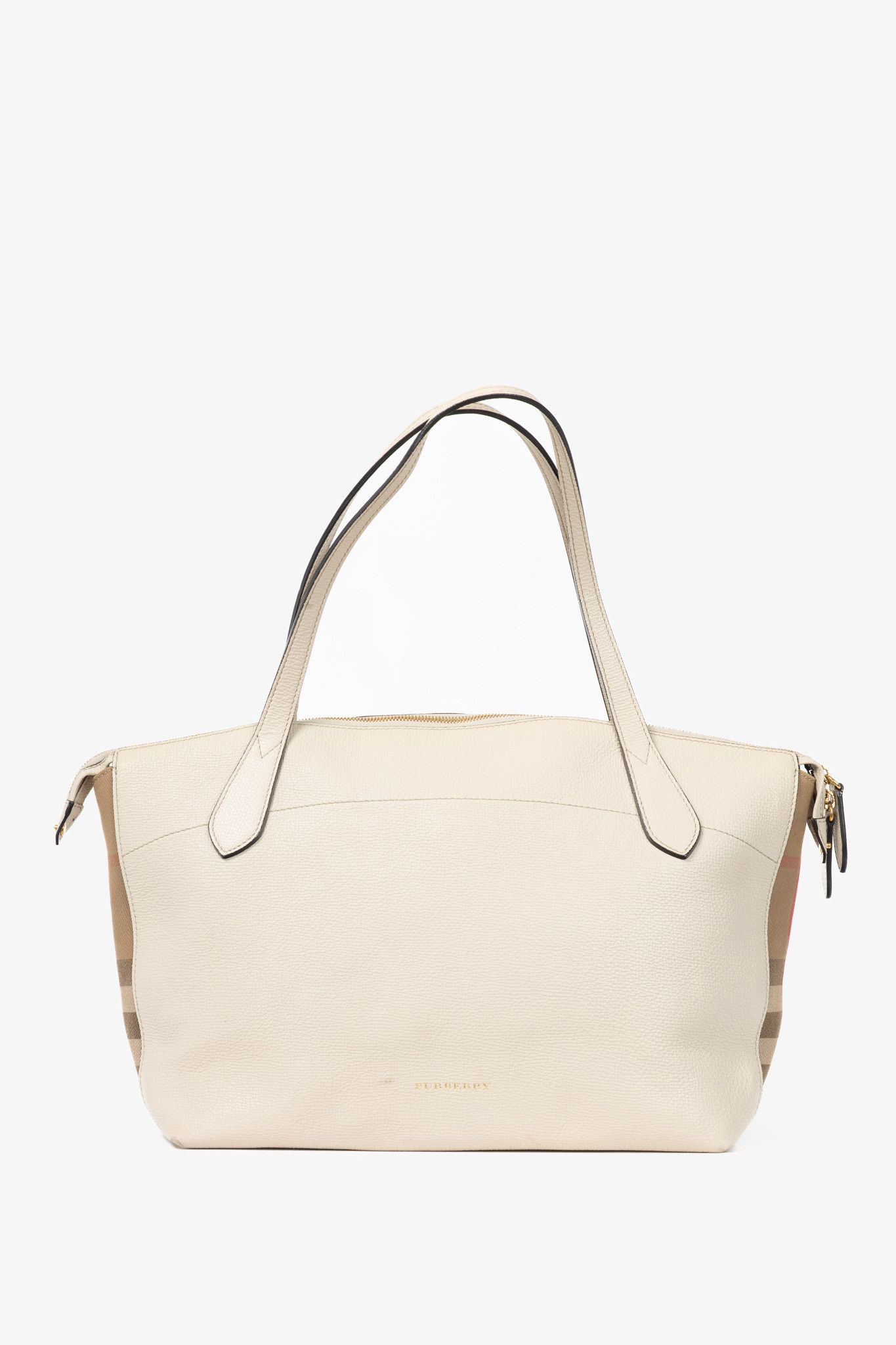 Burberry Burberry Welburn Cream Leather Check-Trim Tote Size ONE SIZE - 1 Thumbnail
