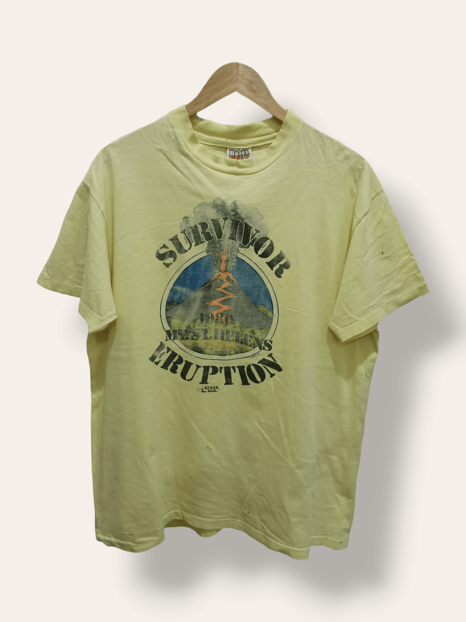 Image of Made In USA Vintage 1980 Survivor Eruption Of Mount St. Helens Tee in Yellow, Men's (Size XL)