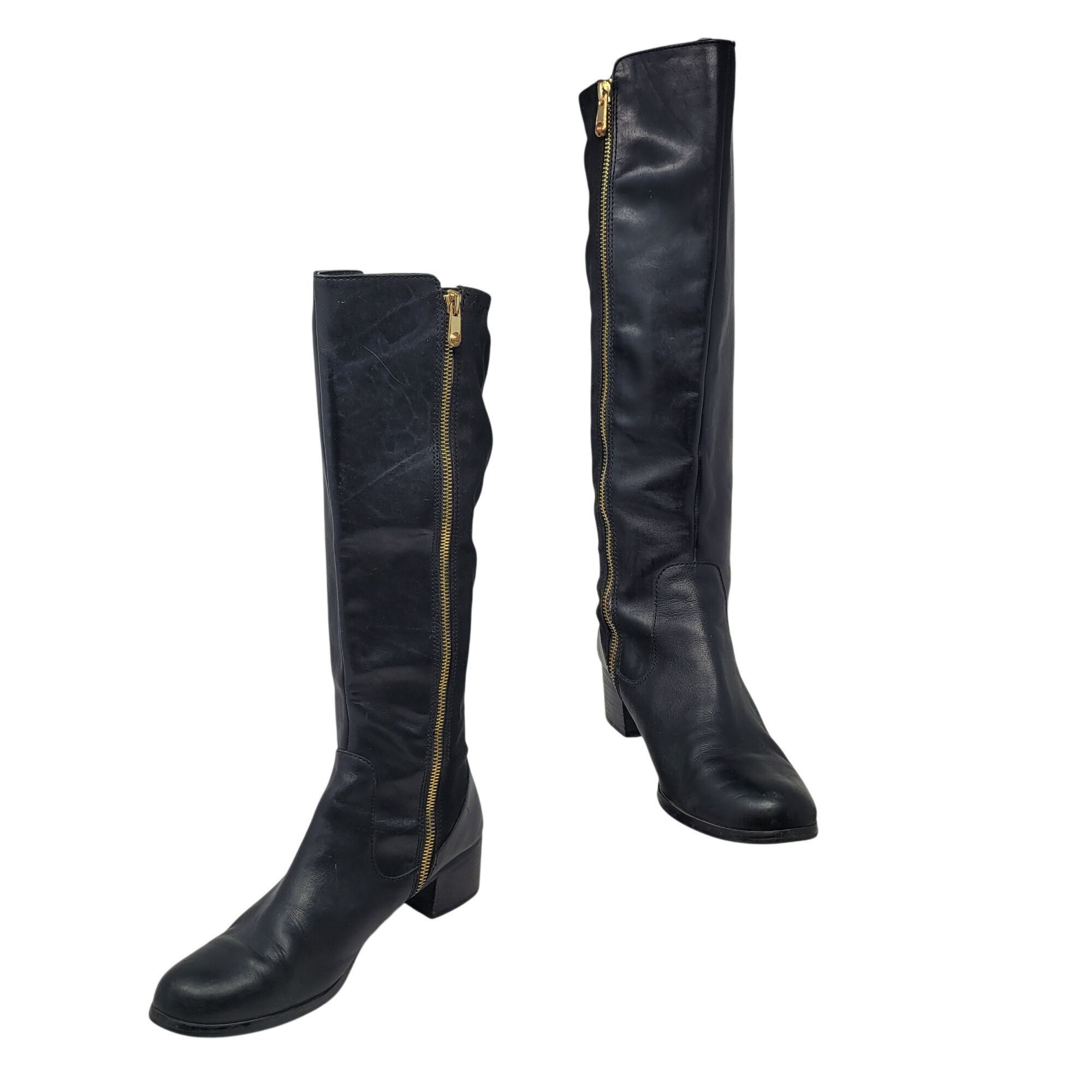 Elie Tahari Tahari Kyle Black Leather Knee-High Boots 9 Gold Zipper Stre Size US 9 / IT 39 - 1 Thumbnail