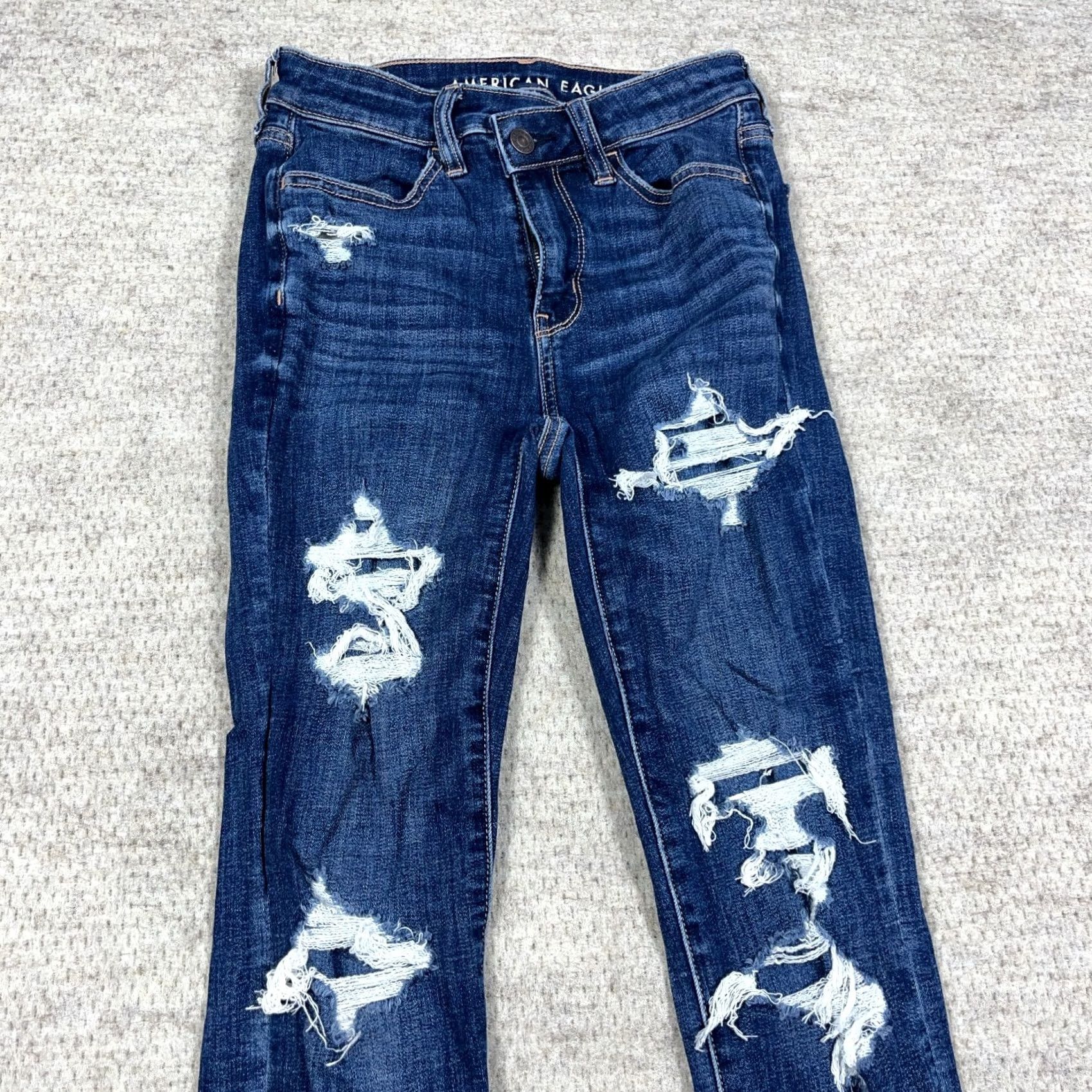 American Eagle Outfitters American Eagle Jeans Women 00 Short Hi High Rise Jegging Dark Denim Ripped Holes Size 24" / US 00 / IT 34 - 3 Thumbnail