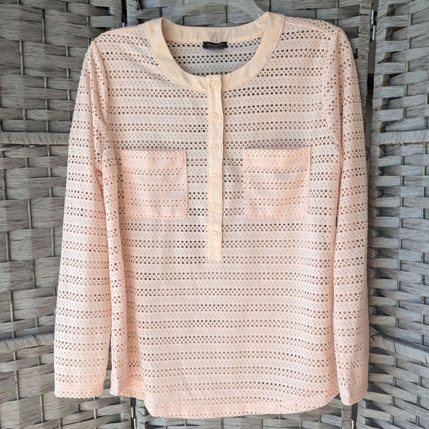 Ann Taylor Ann Taylor Blouse Henley Long Sleeve Pink Eyelet Lace Size M Women Regular Modern Classic Casual Workwear Size M / US 6-8 / IT 42-44 - 2 Thumbnail