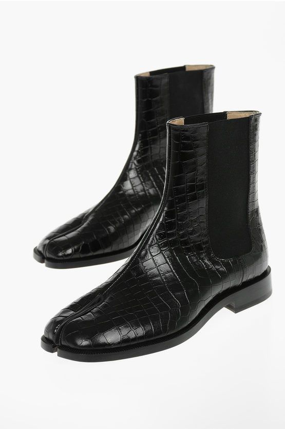 image of Maison Margiela Mm22 Leather Crocodile Effect Tabi Chelsea Boots in Black, Women's (Size 7)