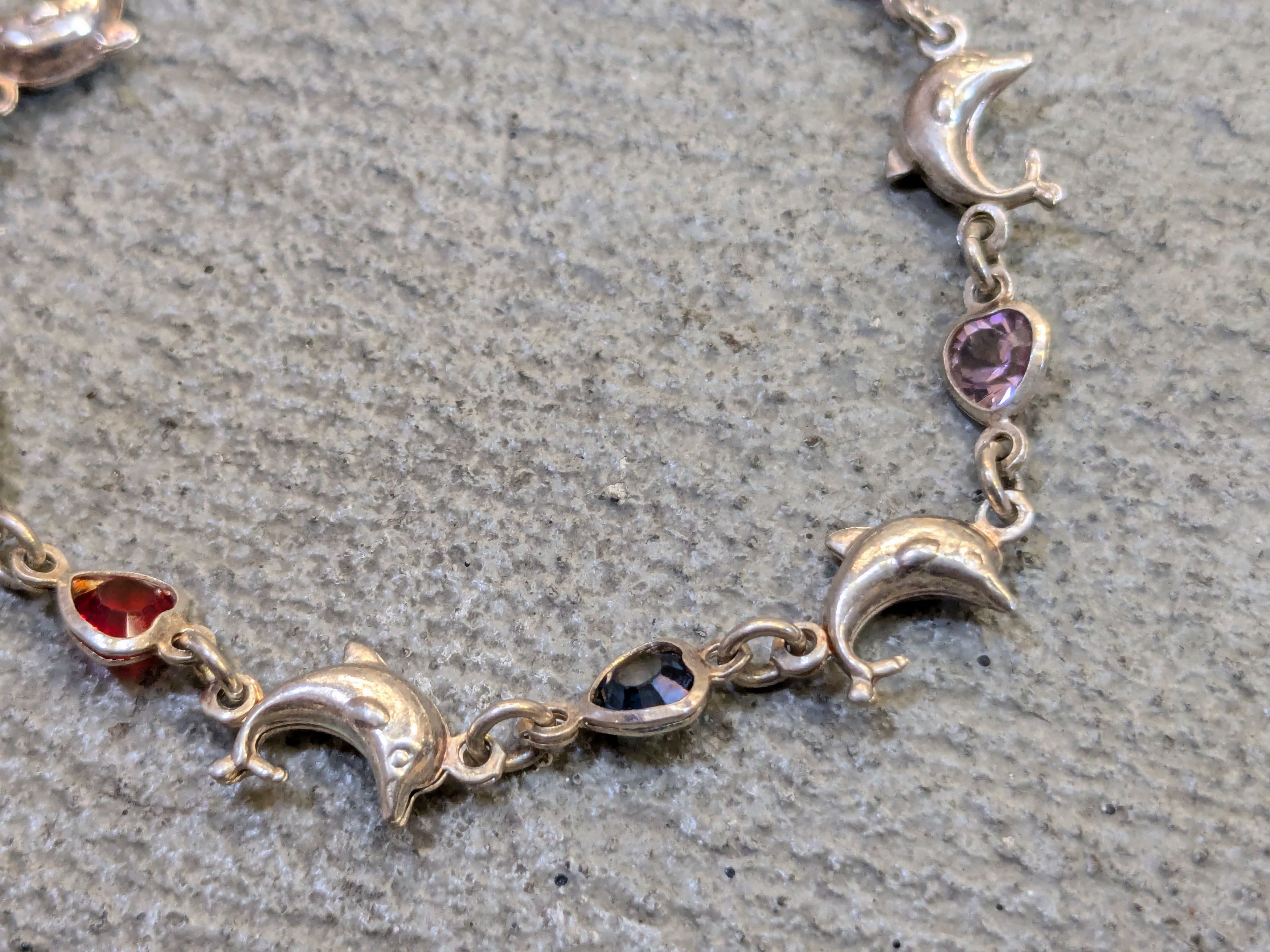 Jewelry Vintage Sterling Silver Bracelet 7.25" Heart Dolphin Rainbow Size ONE SIZE - 6 Thumbnail