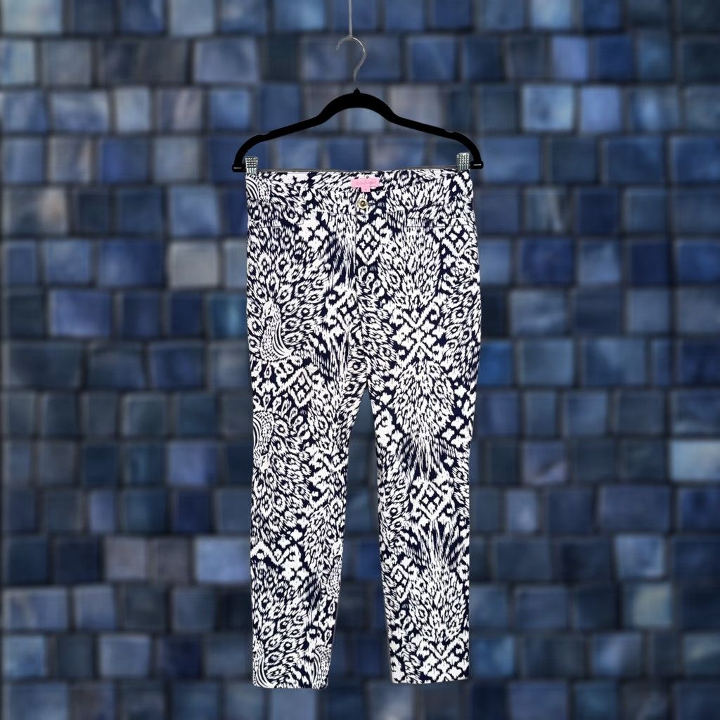 Lilly Pulitzer Lilly Pulitzer Pants Womens 0 Blue Peacock Print Ankle Skinny Stretch Size 25" / US 0 / IT 36 - 1 Thumbnail
