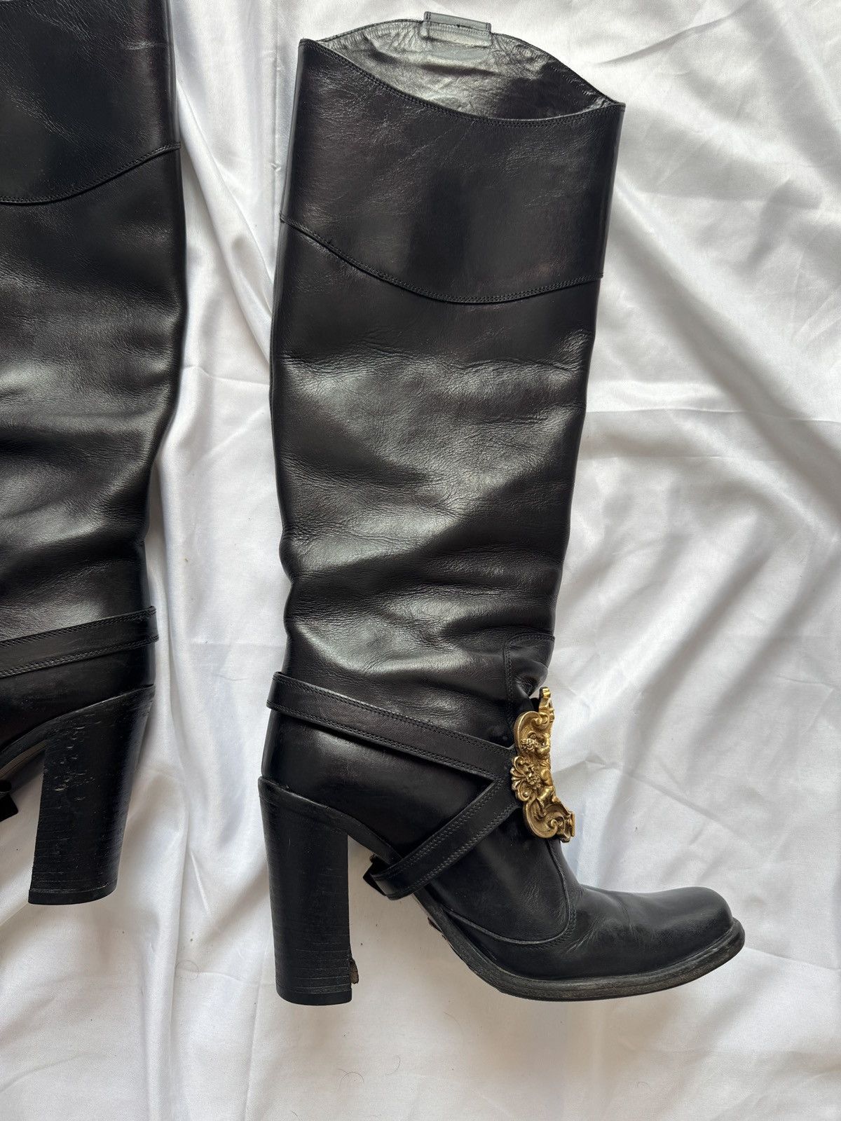 Dolce & Gabbana Dolce & Gabbana Black Leather Flower Embellished Knee Boots Size US 6 / IT 36 - 10 Thumbnail