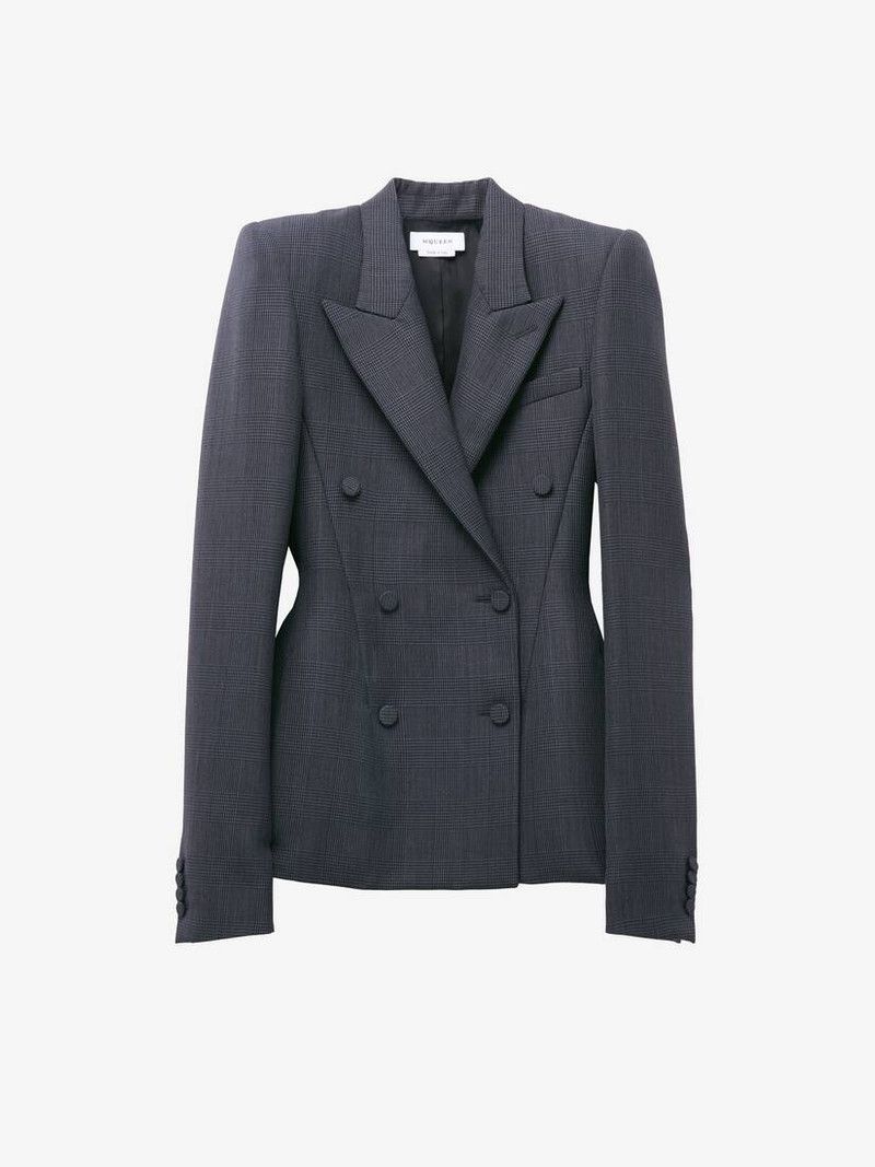 Alexander McQueen o1srvl11e0226 Prince of Wales Double-Breasted Jacket In Grey Size S / US 4 / IT 40 - 1 Thumbnail