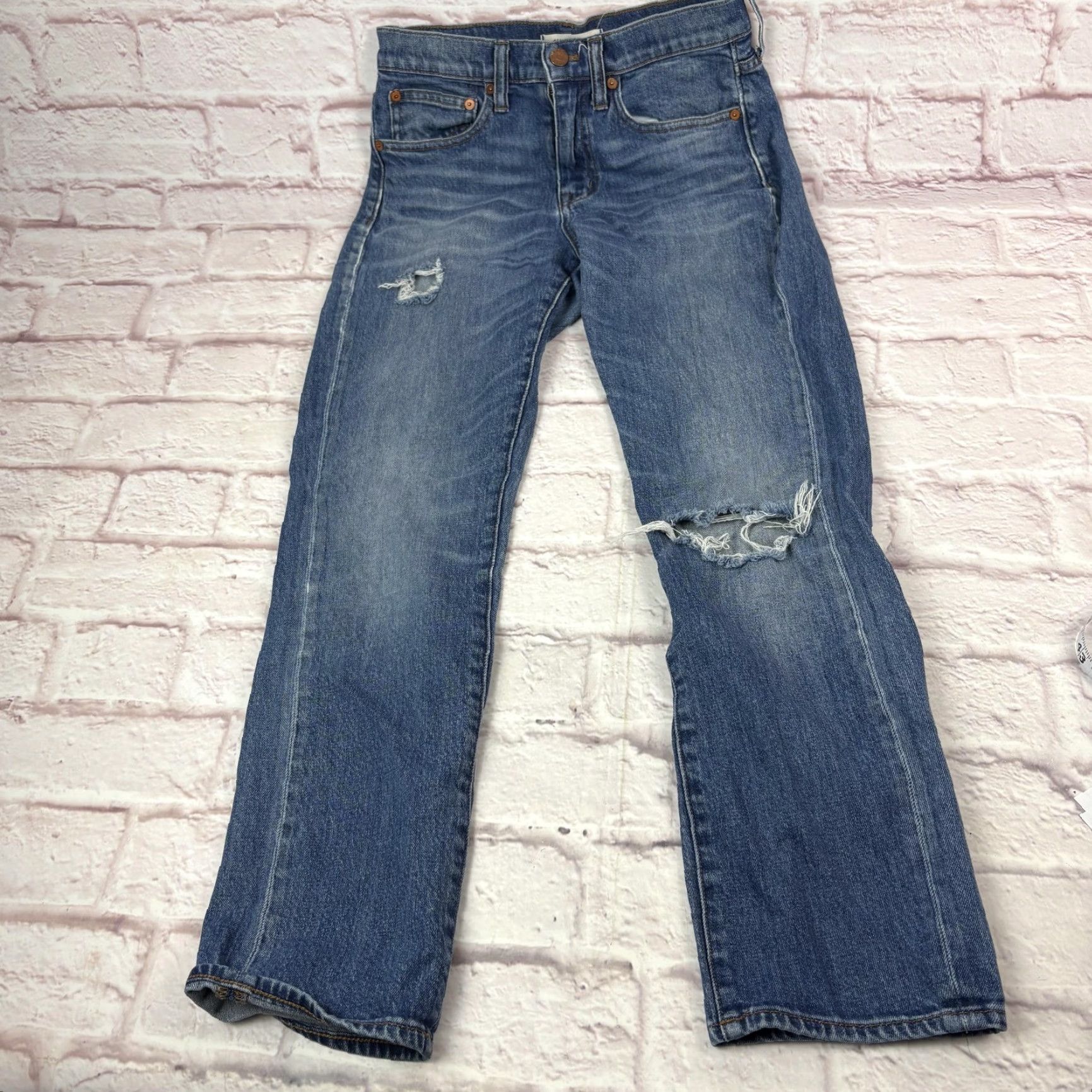 Madewell Madewell Jeans Womens 25 Blue Medium Wash Distressed 26x26 Denim Straight Crop 5-Pocket Zip Mid Rise Size 42" / US 20 - 3 Thumbnail