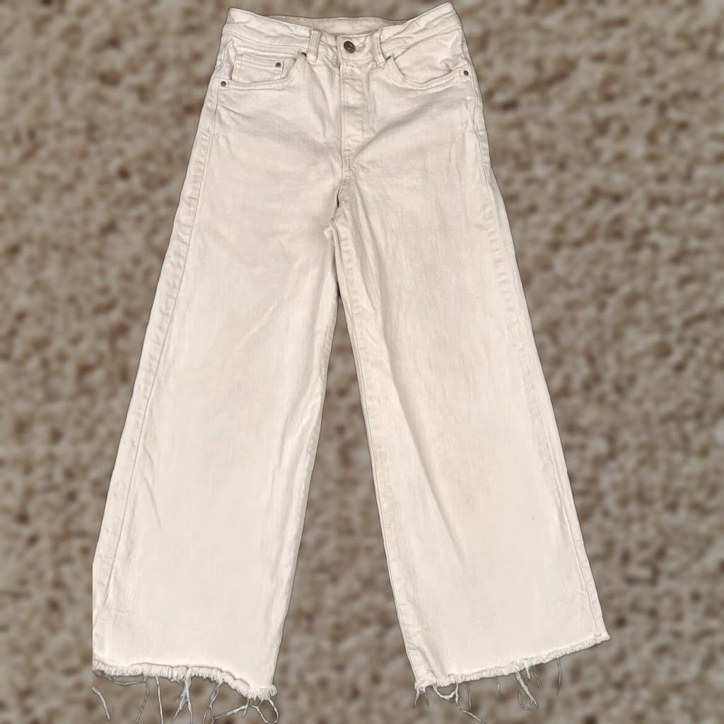 Denime &Denim Jeans Womens White High Rise Wide Leg Cotton Blend 27 Regular 26x25 Distressed, Raw Hem, Logo, Embroidered 5-Pocket Denim Vintage No Mens? Size 27" / US 4 / IT 40 - 1 Thumbnail