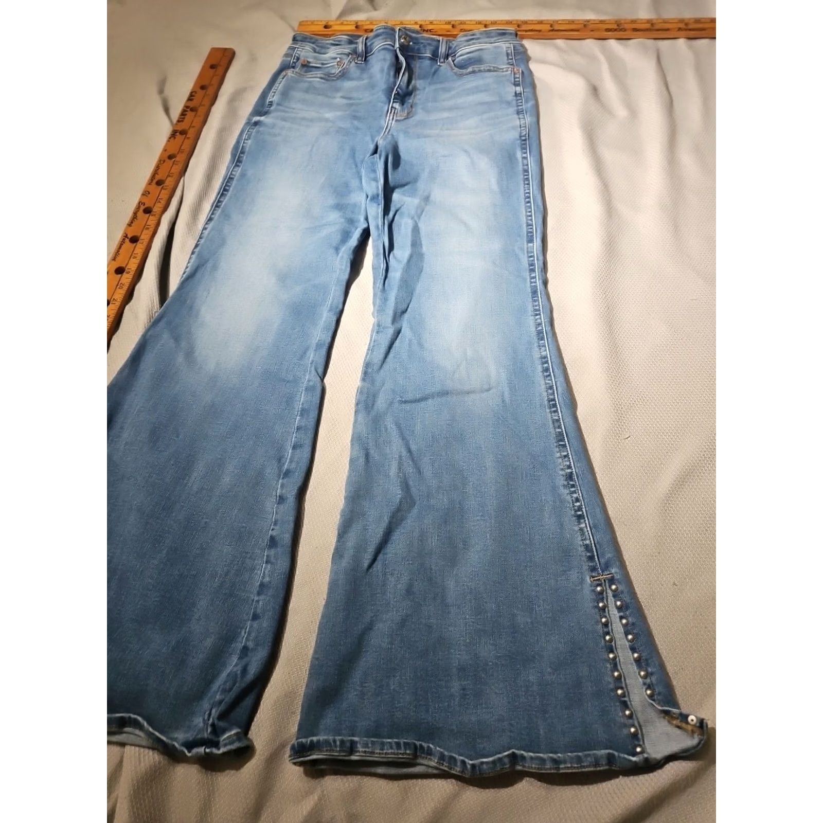 American Eagle Outfitters American Eagle Jeans Womens 12 Blue Festival Flare Slit Studded Denim Pants Mens? Size 34" / US 12 / IT 48 - 5 Thumbnail