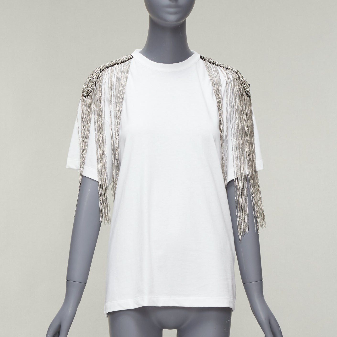 image of Christopher Kane White Military Silver Chain Embellished Shoulder Tshirt Xs, Women's (Size Small)