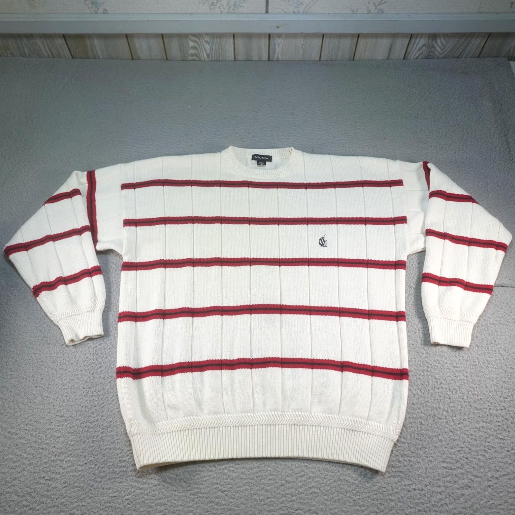 Nautica Nautica Sweater Mens 2XL White Striped Crewneck Knit Pullover Casual Winter Nautical Logo Sailboat Pattern Mens Size US XXL / EU 58 / 5 - 2 Thumbnail
