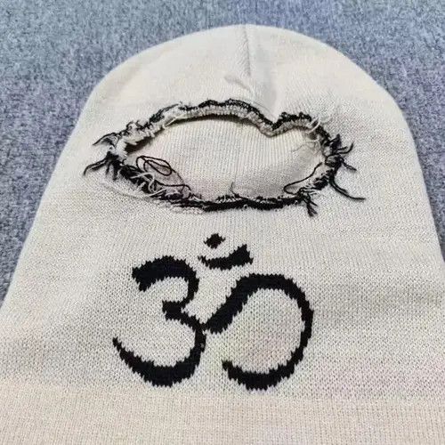 Other Aum Om Pray Symbol Distressed Knit Balaclava Ski Mask Beige Size ONE SIZE - 2 Thumbnail