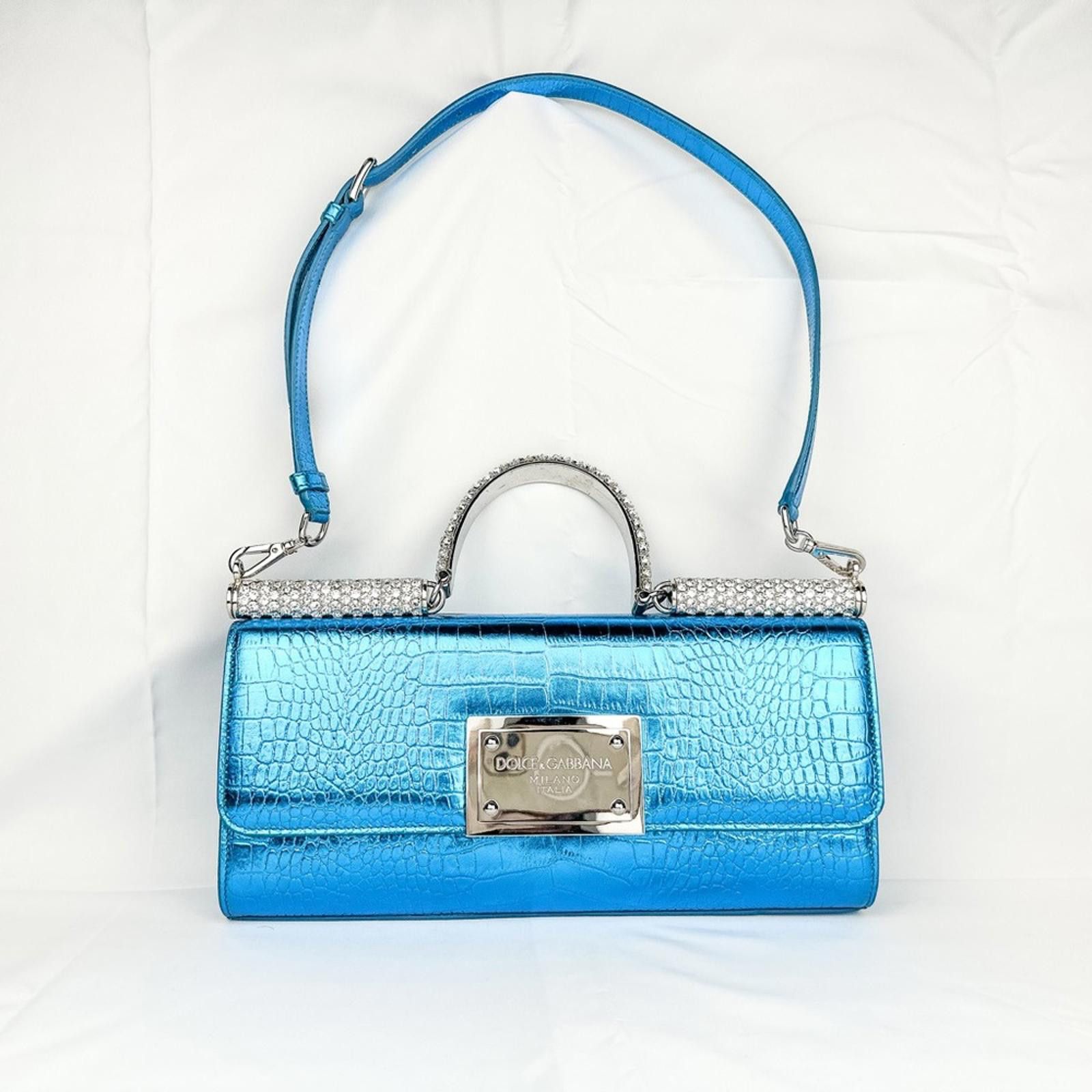 90’s Sicily Blue Metallic Croc-Embossed Top Handle Bag Rare