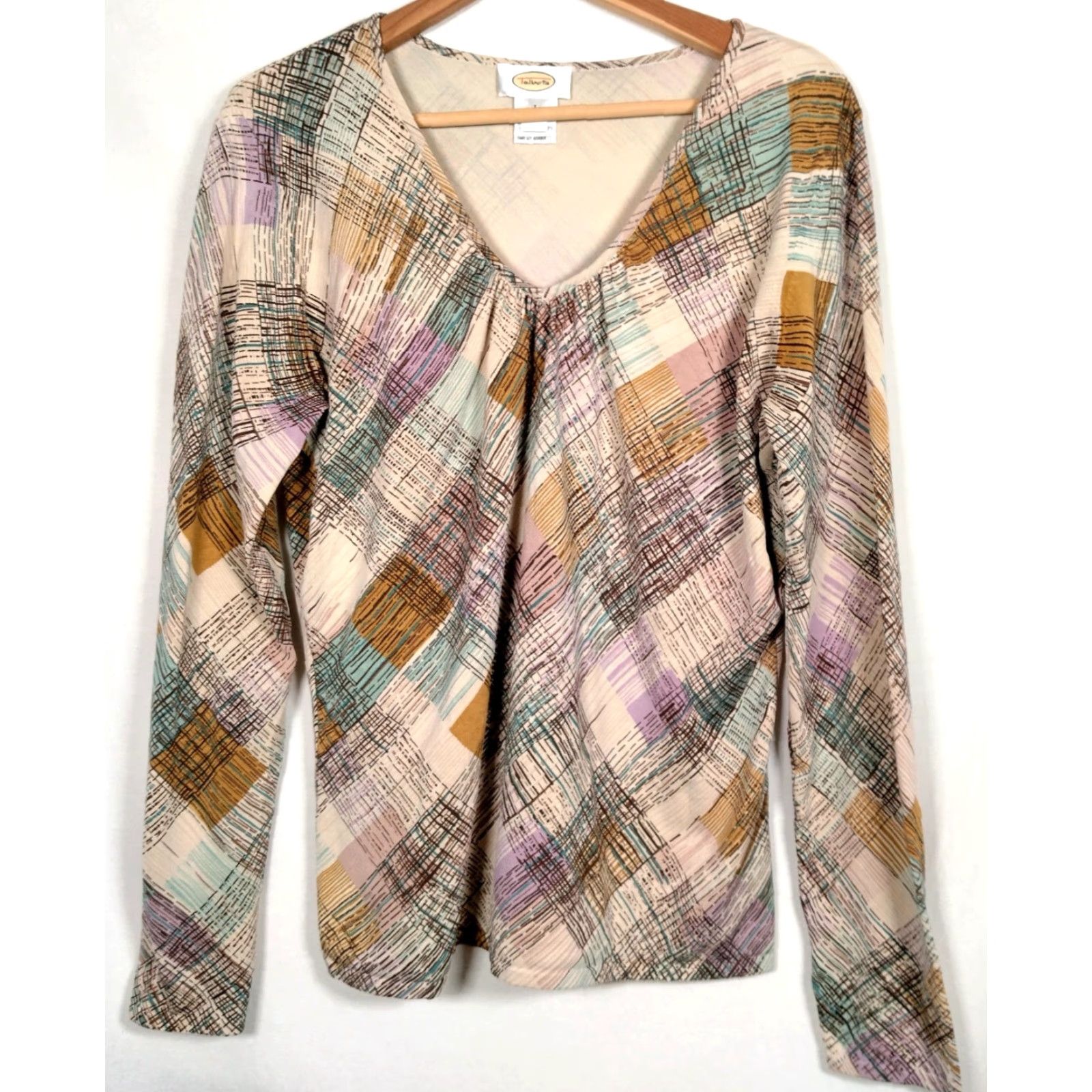 Talbots VINTAGE Talbots Knit Top Women Large Plaid Beige Long Sleeve Casual Fall Spring Winter Size L / US 10 / IT 46 - 2 Thumbnail