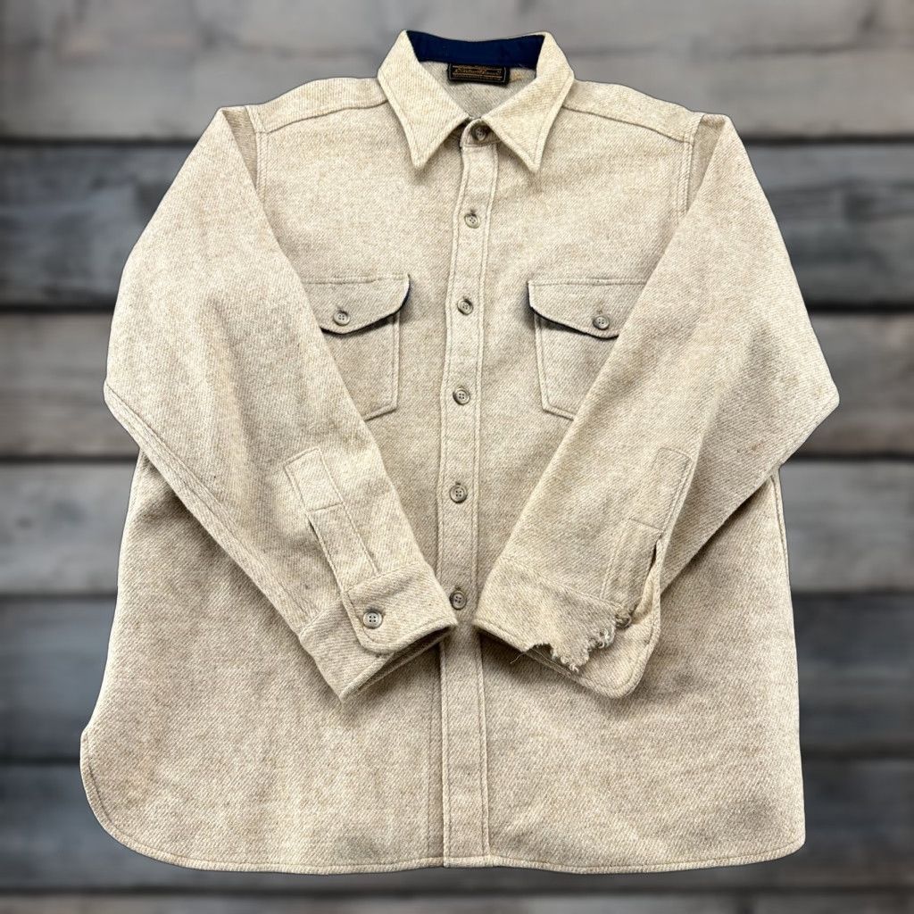 VINTAGE Eddie Bauer Shirt Mens L Beige Wool Button-Up Crew Neck Long Sleeve Casual 90s Mens