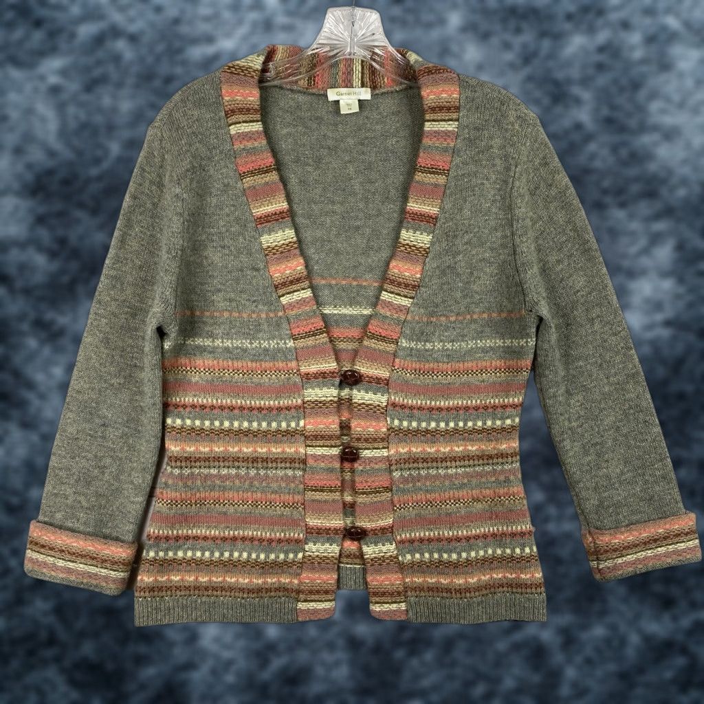Vintage Garnet Hill Cardigan Women XS Green Stripe Wool Button Cropped Sweater Knit Size XS / US 0-2 / IT 36-38 - 1 Thumbnail