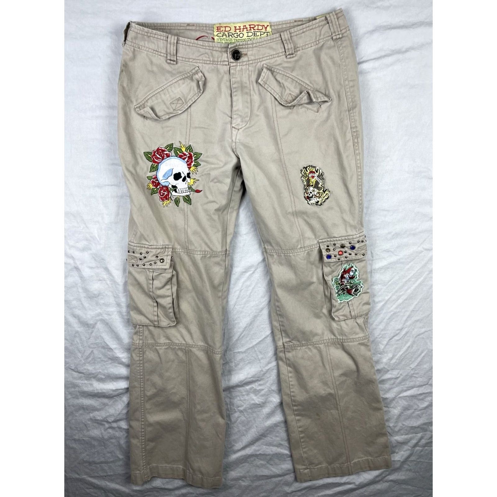 Ed Hardy VINTAGE Ed Hardy Cargo Pants Women 29 Paratrooper Y2K Patches Studded Rhinestone Pants Woman Beige 29 Cargo Size 29" - 2 Thumbnail
