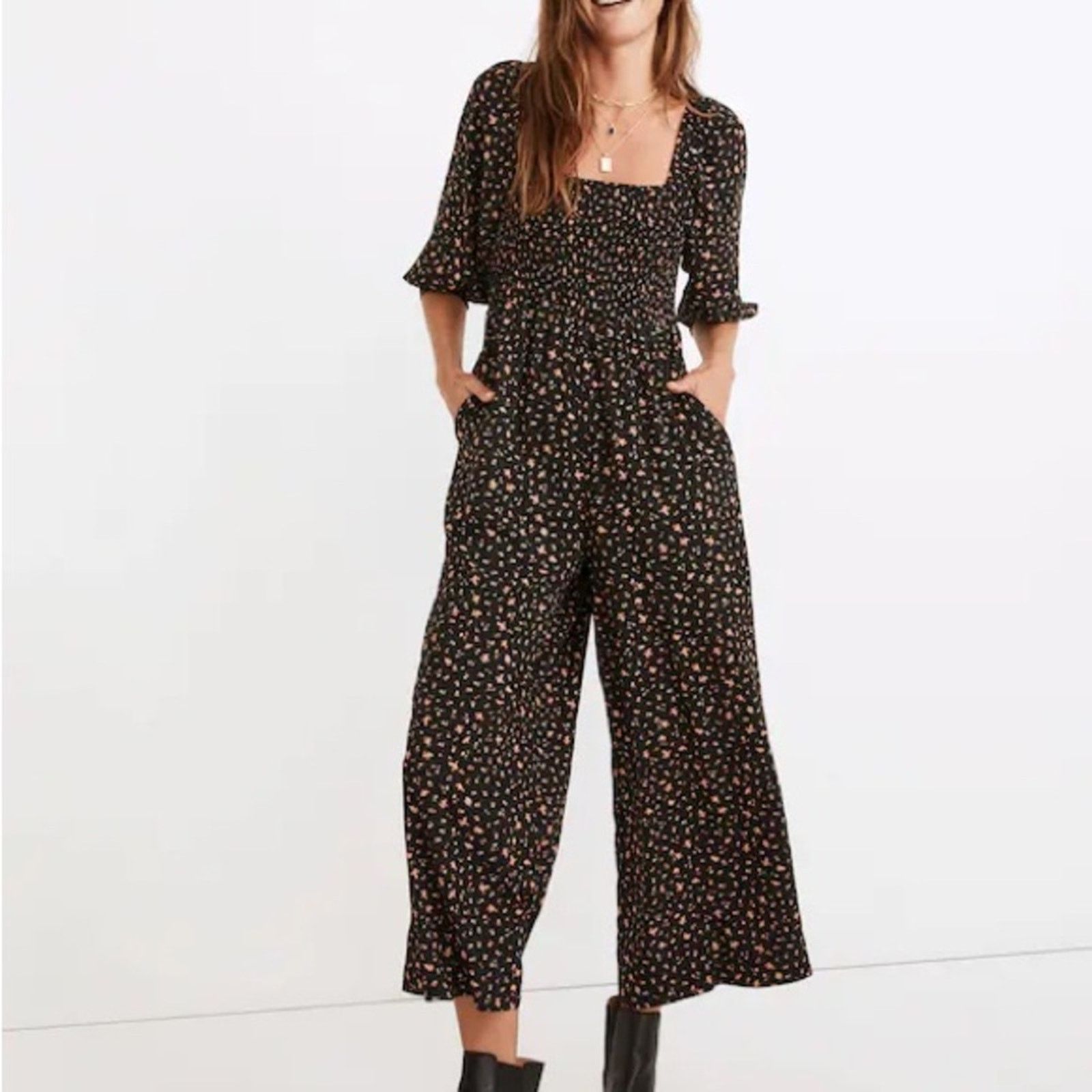 Madewell Madewell Lucie ElbowSleeve Smocked WideLeg Jumpsuit Womens 6 Size 28" / US 6 / IT 42 - 1 Thumbnail