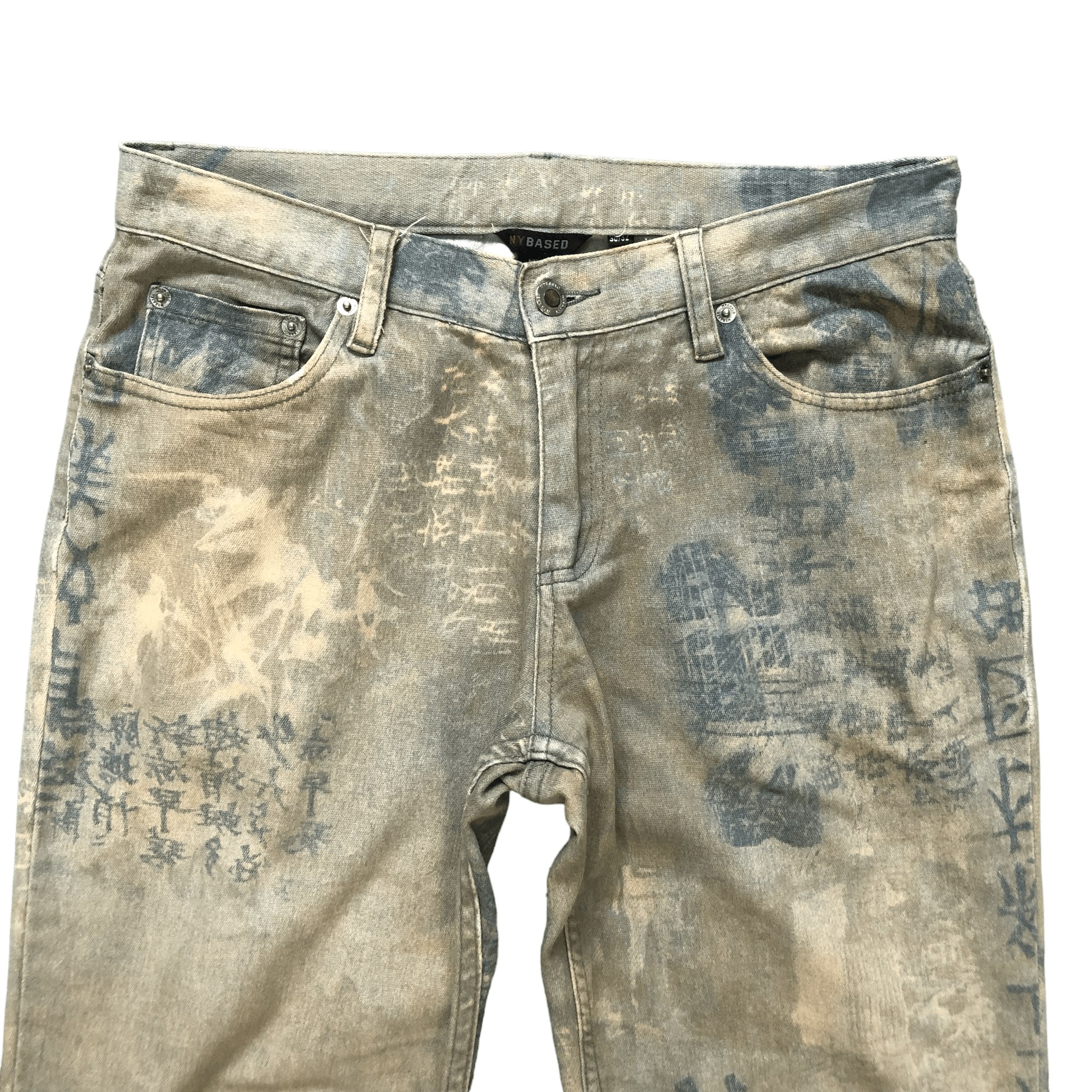 Japanese Brand FLARE🔥 TRASHED LIGHT WASH PRINTED DENIM PANTS #6489-221 Size US 30 / EU 46 - 2 Thumbnail