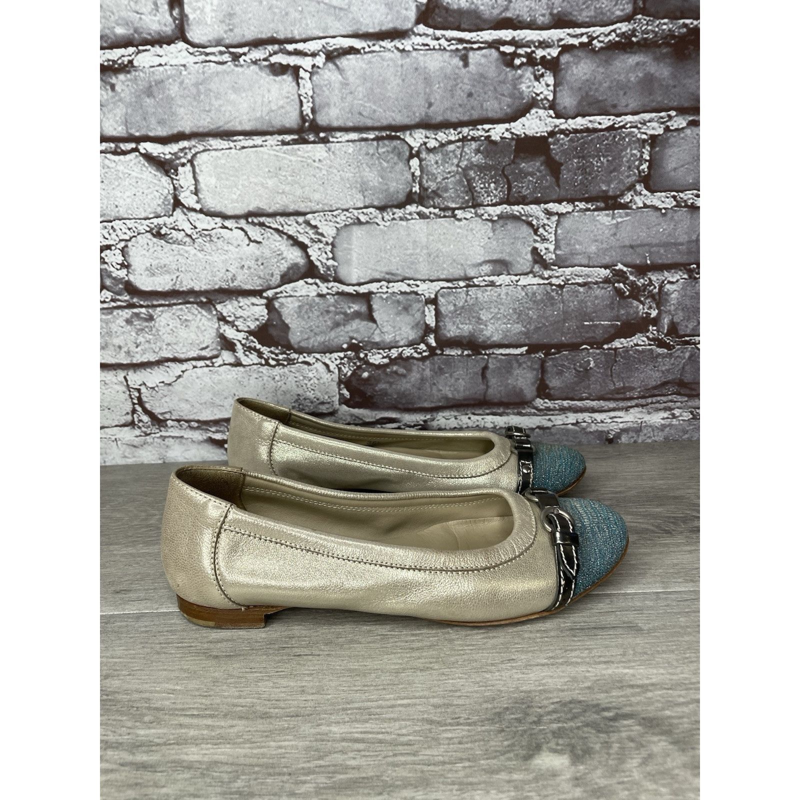 AGLINI AGL Metallic Gold Shimmer Leather Blue Cap Toe Ballet Flats Size US 6 / IT 36 - 1 Thumbnail