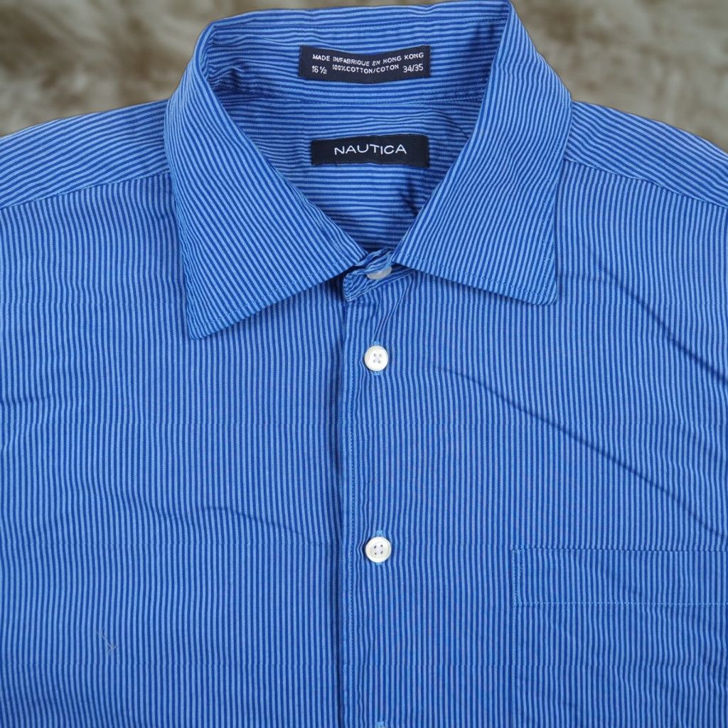 Nautica Nautica Dress Shirt Blue Striped Button-Down Long Sleeve 16.5 34/35 Long 100% Cotton Mens Shirt Size 42R - 1 Thumbnail
