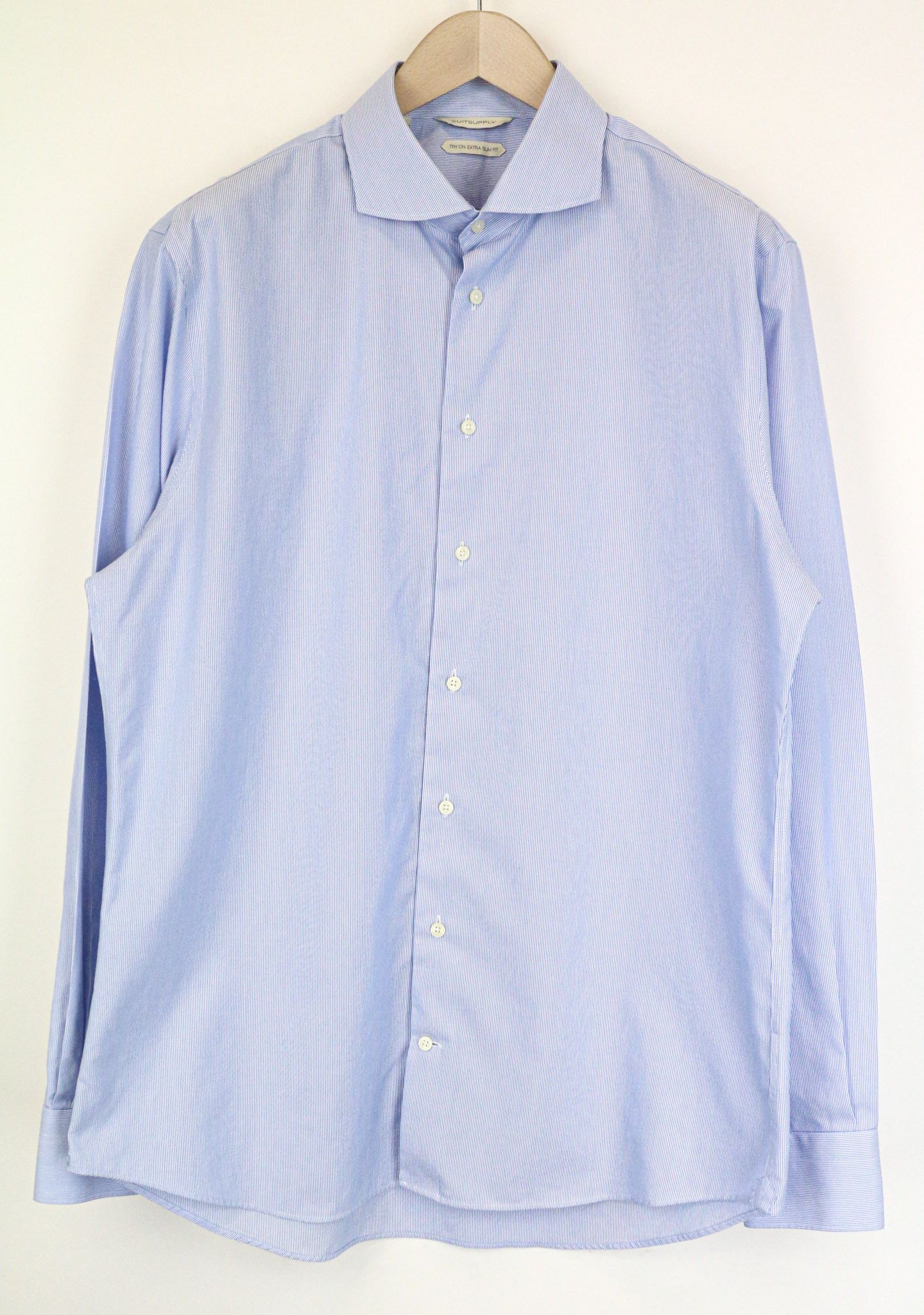 Suitsupply 44/17 1/2 Extra Slim Blue Cotton Stripe Shirt 75535 Size US L / EU 52-54 / 3 - 1 Thumbnail
