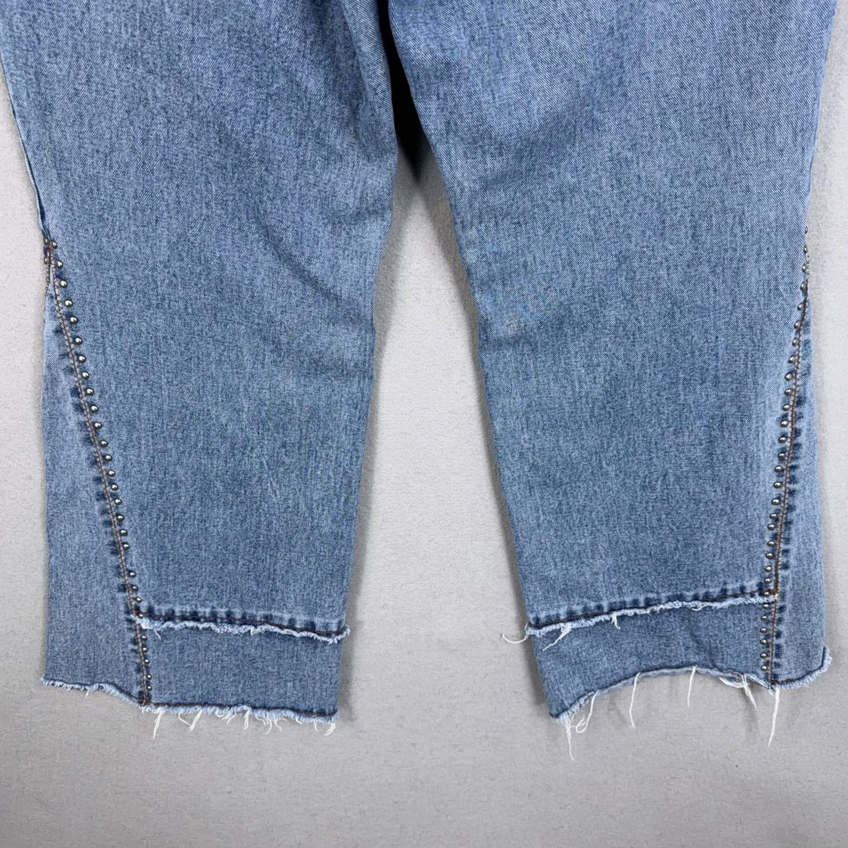 Denime Vintage Venezia Jeans Women 18 Blue High Rise Wide Leg Studded Fringe Crop Denim Raw Hem Size 40" / US 18 - 7 Thumbnail