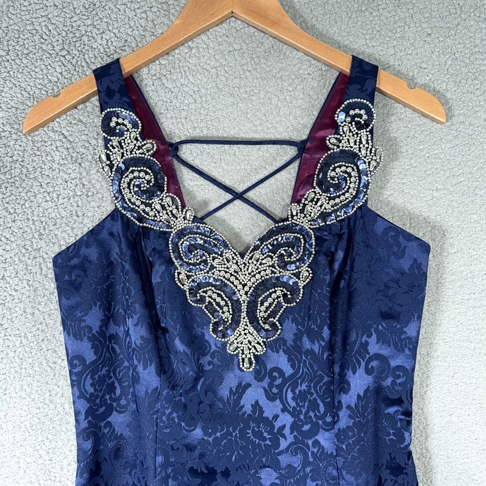 Jessica McClintock VINTAGE Jessica McClintock Dress Womens 9/10 Blue Jacquard Beaded Prom Gown Maxi Damask Sequin Formal Evening 90s Mens? Size L / US 10 / IT 46 - 3 Thumbnail