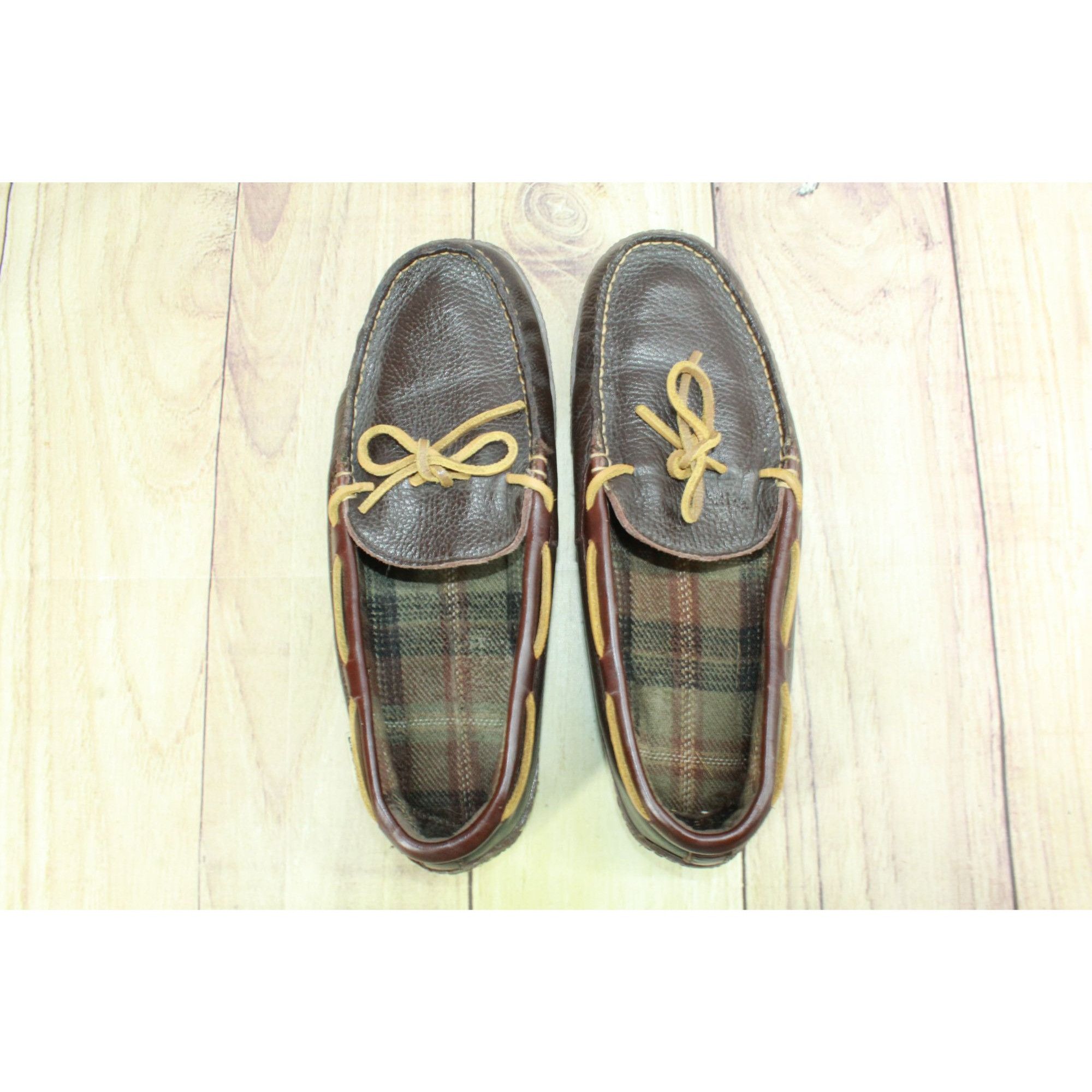 L.L. Bean LL Bean Men's Brown Leather Flannel Lined Slip-on Slippers Size US 10 / EU 43 - 6 Thumbnail