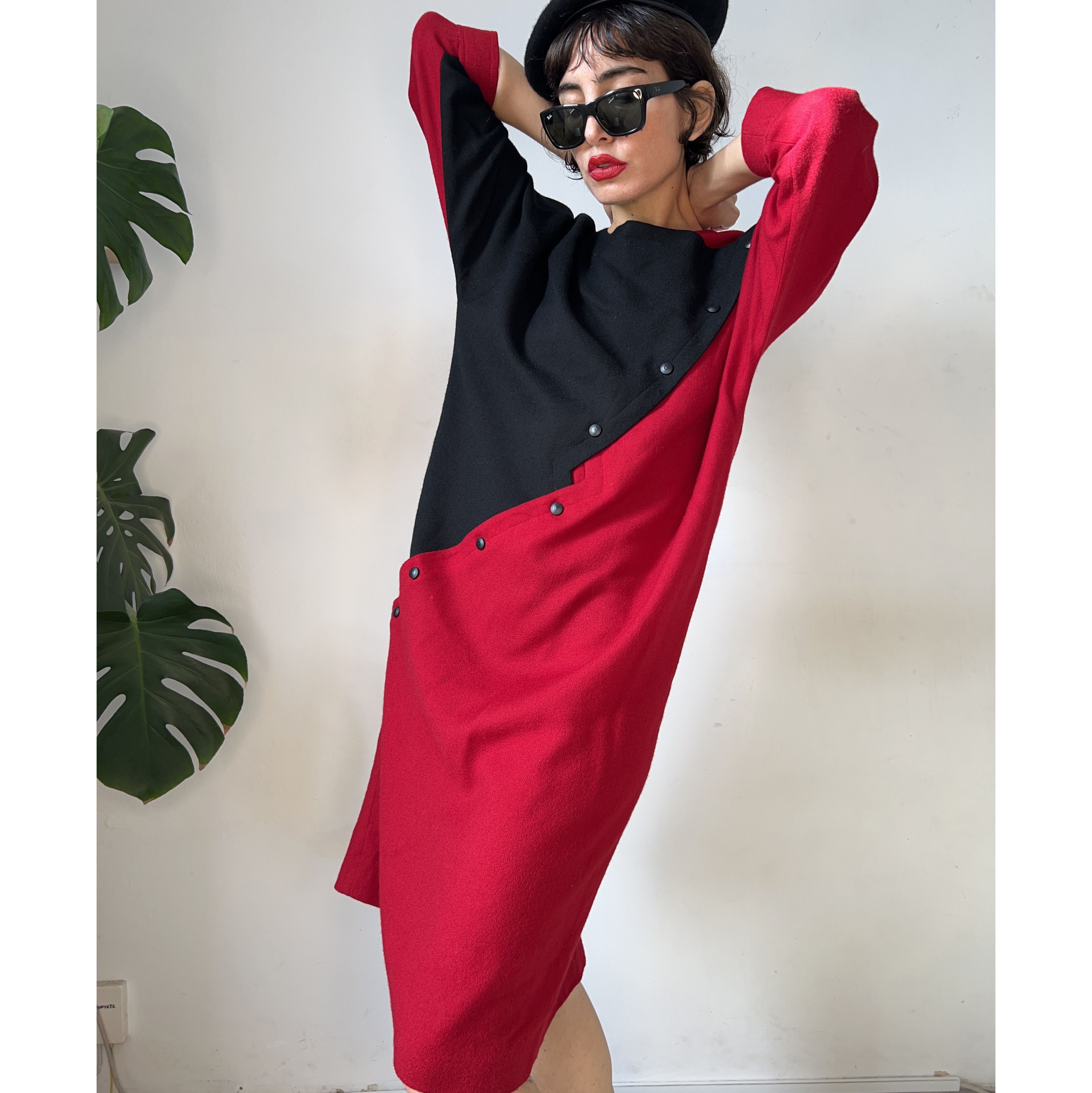 image of Pierre Cardin Vintage 70's Wool Geometric Dress in Black Red, Women's (Size XL)