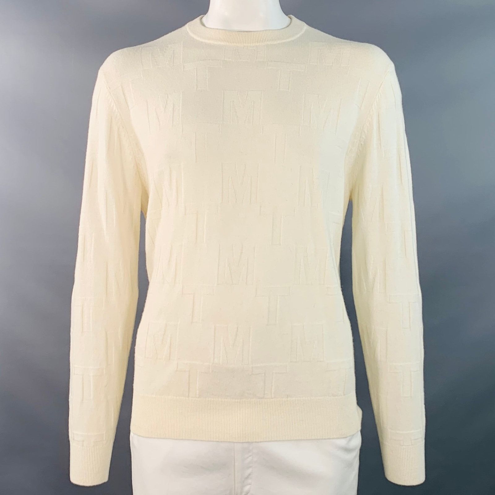 Mr Turk Cream Monogram Merino Wool Crew Neck Pullover Size US XL / EU 56 / 4 - 1 Thumbnail