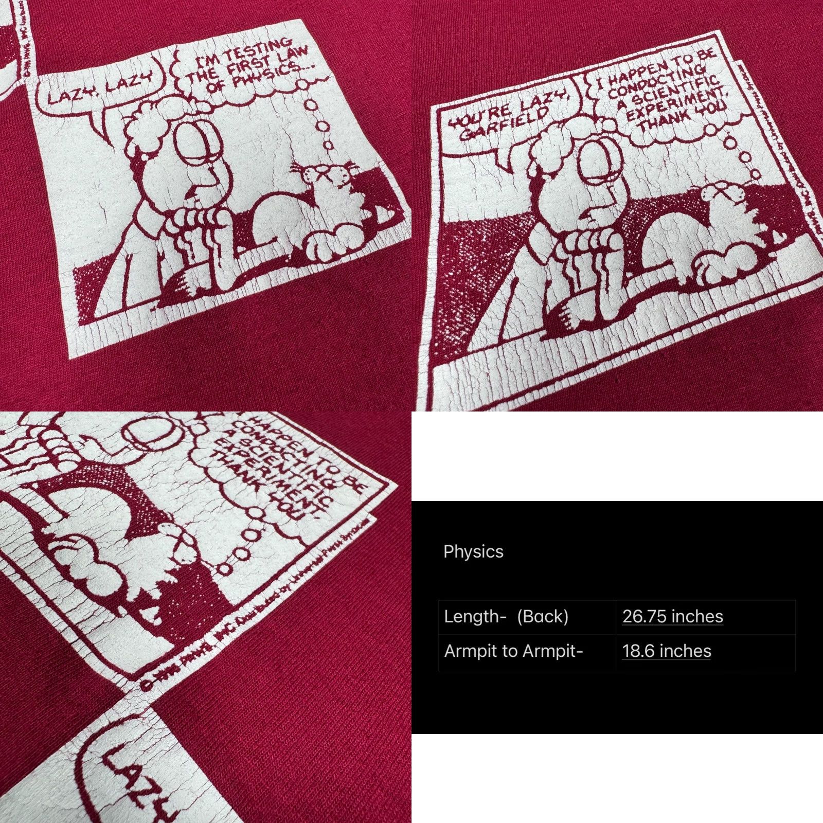 Vintage VINTAGE Physics Garfield Jim Davis Shirt - Burgundy - Medium - 90s - Men - T-Shirt - Unbranded - Regular - Burgundy - 90s - Mens Size US M / EU 48-50 / 2 - 8 Thumbnail