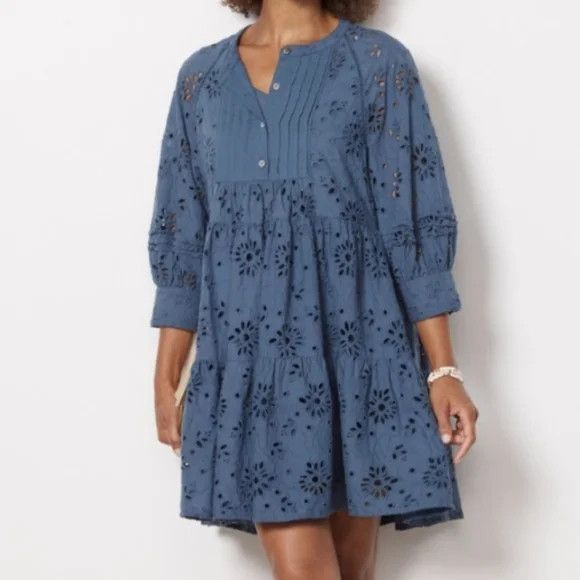 Anthropologie dRA Yara Teal 1/2 Button 3/4 Sleeve Eyelet Dress Boho Comfy Size XS / US 0-2 / IT 36-38 - 7 Thumbnail