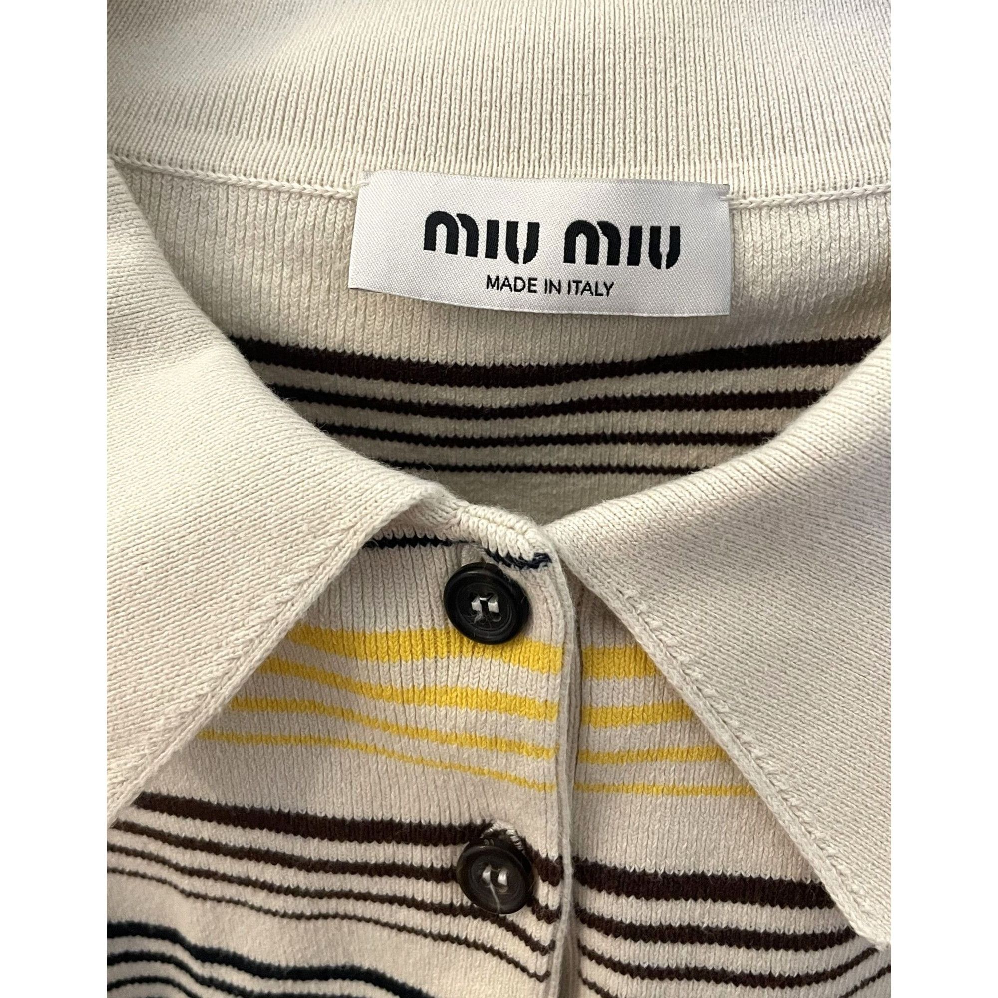 Miu Miu Miu Miu Womens Striped Knit Polo Shirt Beige Yellow Black Ma Size M / US 6-8 / IT 42-44 - 3 Thumbnail