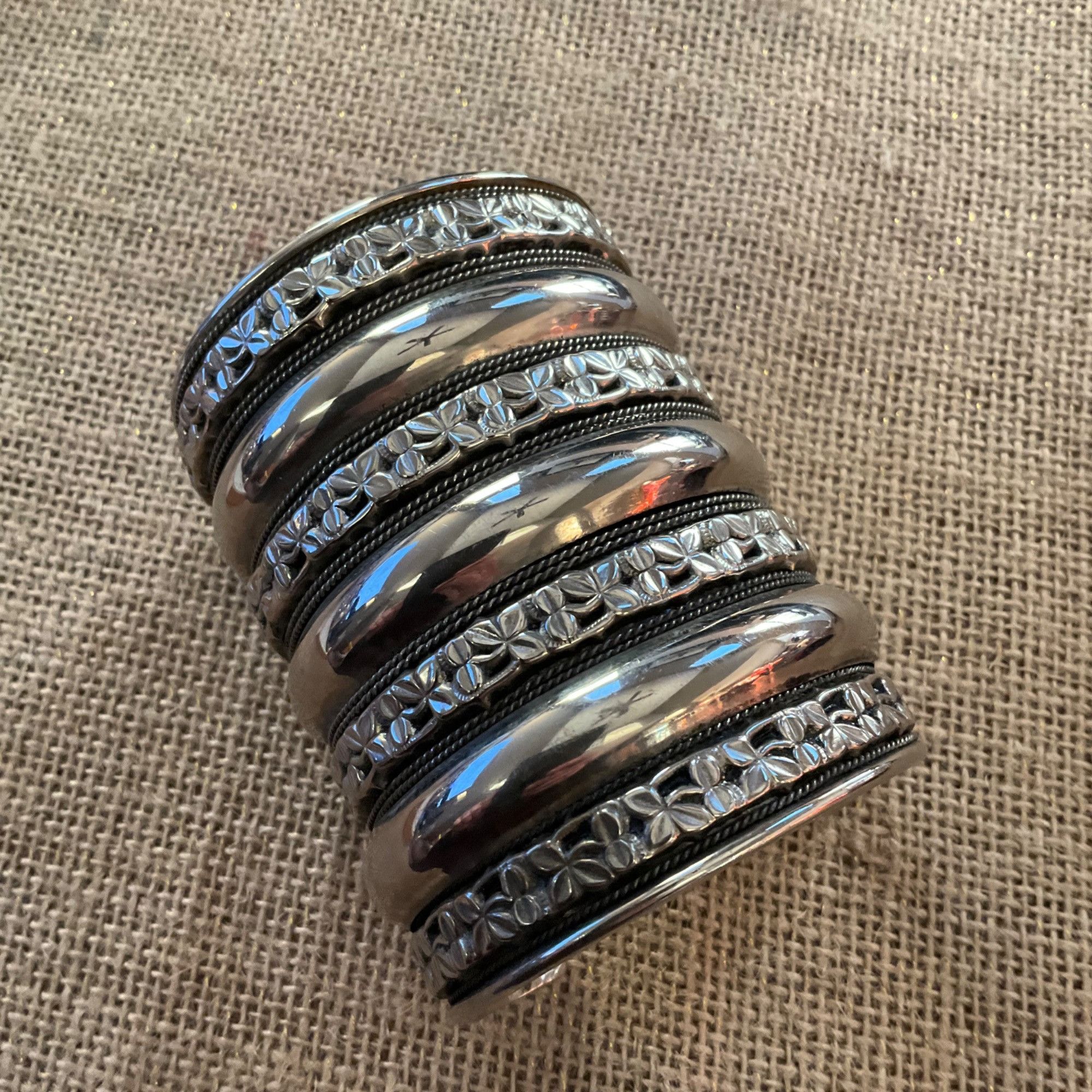 Other Wide Silver Cuff Bracelet With Intricate Floral Pattern Desi Size ONE SIZE - 14 Thumbnail