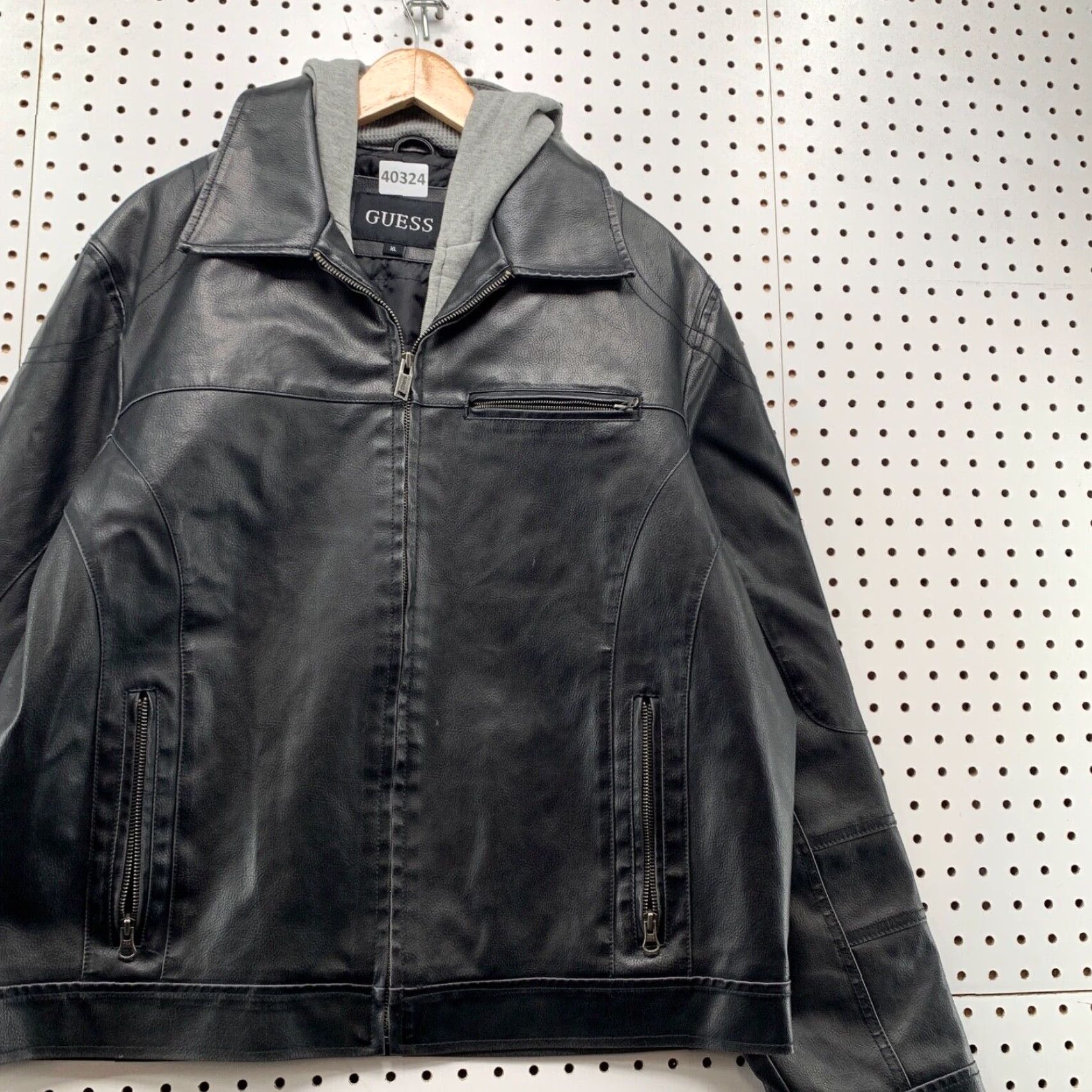 VINTAGE Guess Faux Leather Motorcycle Jacket Hooded Men XL Black
