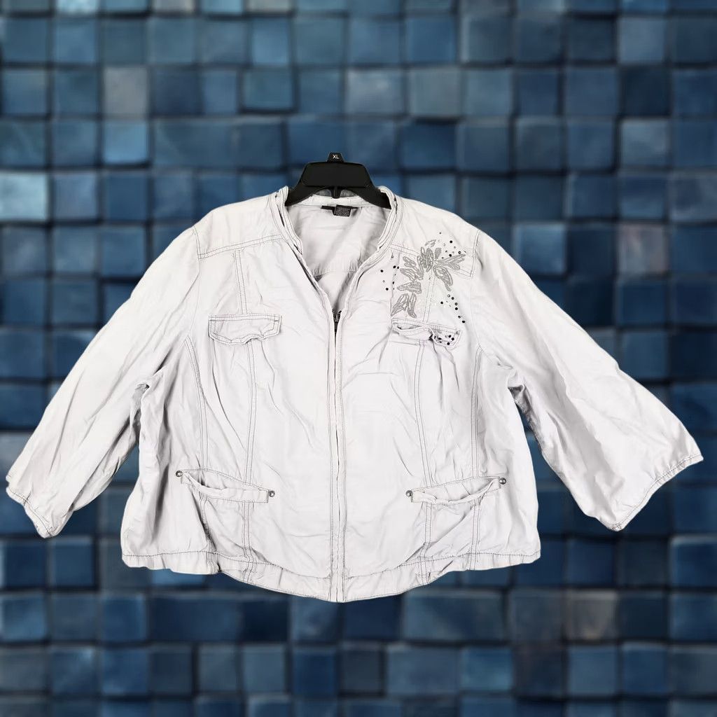 Vintage Lane Bryant Bomber Jacket Woman Plus 22 Cotton Canvas Embroidered Zip Distress Beaded Size 3XL / US 20-22 - 1 Thumbnail