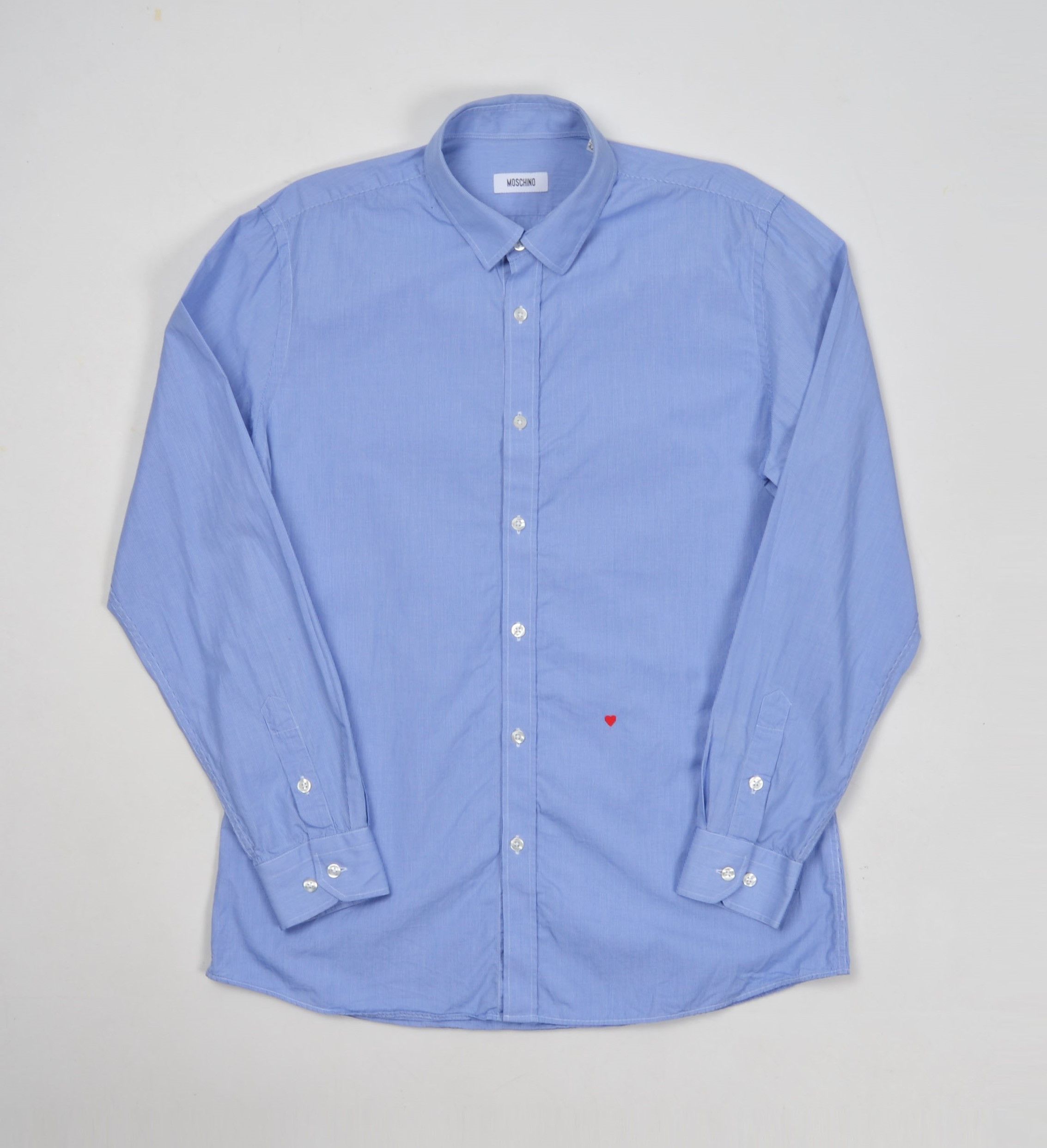 Designer × Moschino Moschino Micro Gingham Red Heart Embroidery Blue Shirt Size US M / EU 48-50 / 2 - 1 Thumbnail
