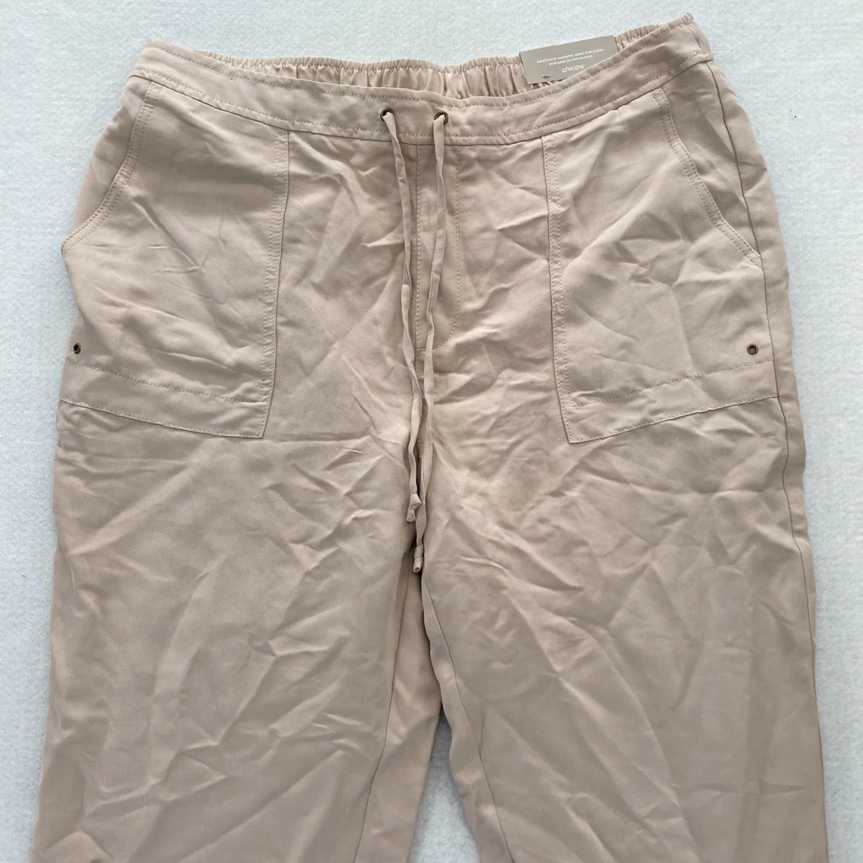 Vintage Chicos Pull On Pants Women's 2 Beige Stretch Fabric Drawstring Relaxed Ankle NWT Size 34" / US 12 / IT 48 - 2 Thumbnail